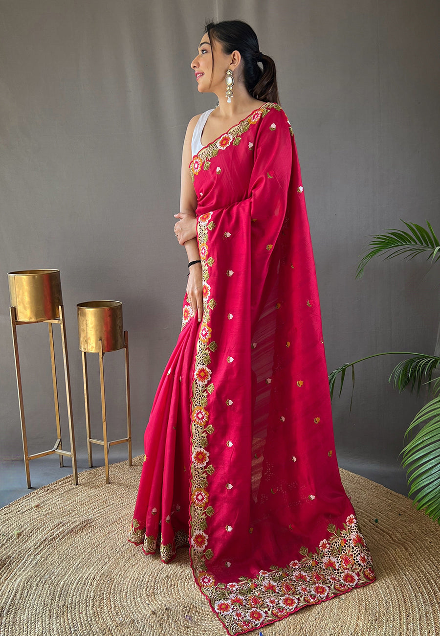 Sasquatch Socks Pink Embroidered Tussar Silk Saree