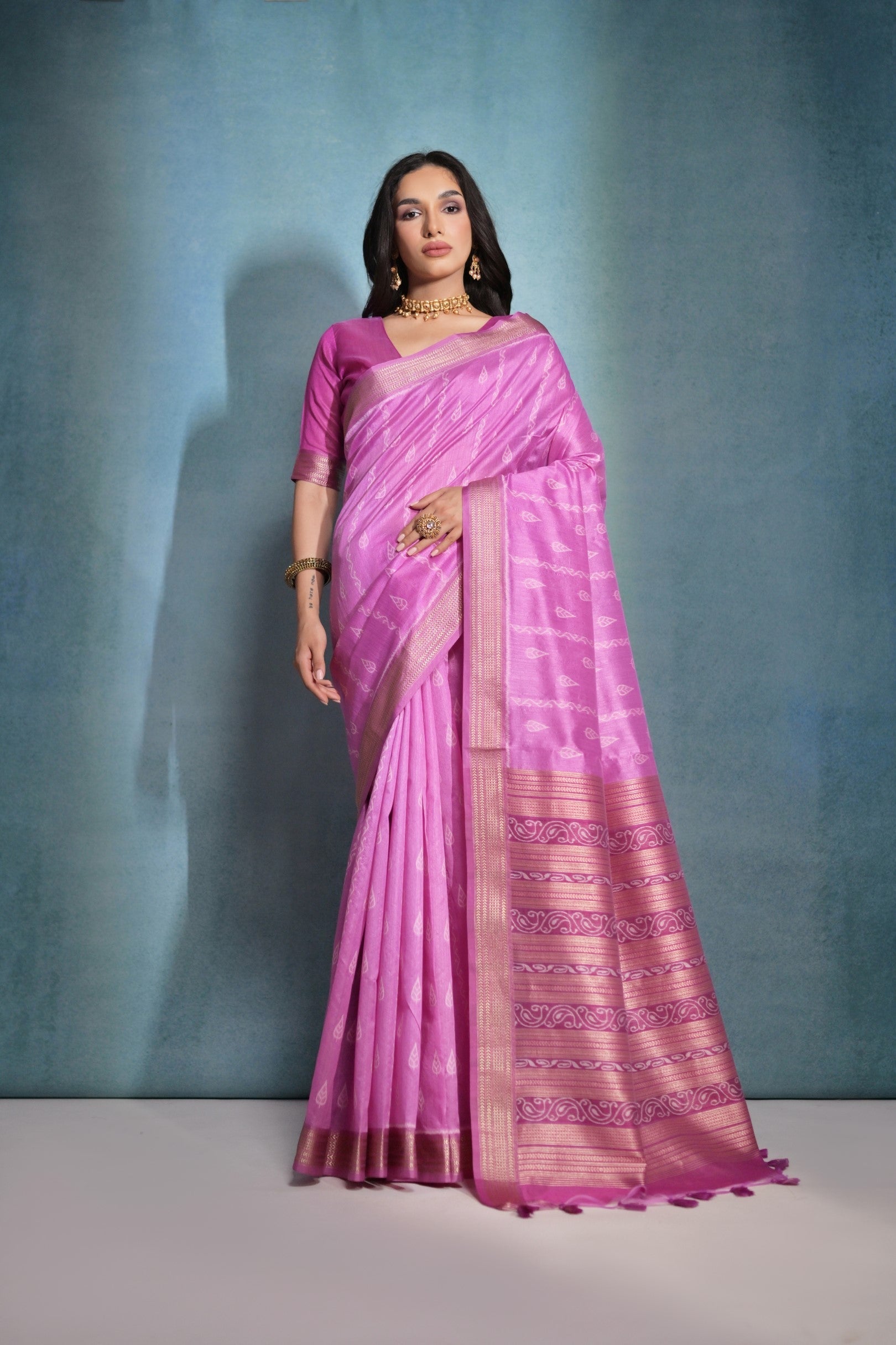 Orchid Pink Ikkat Woven Raw Silk Saree