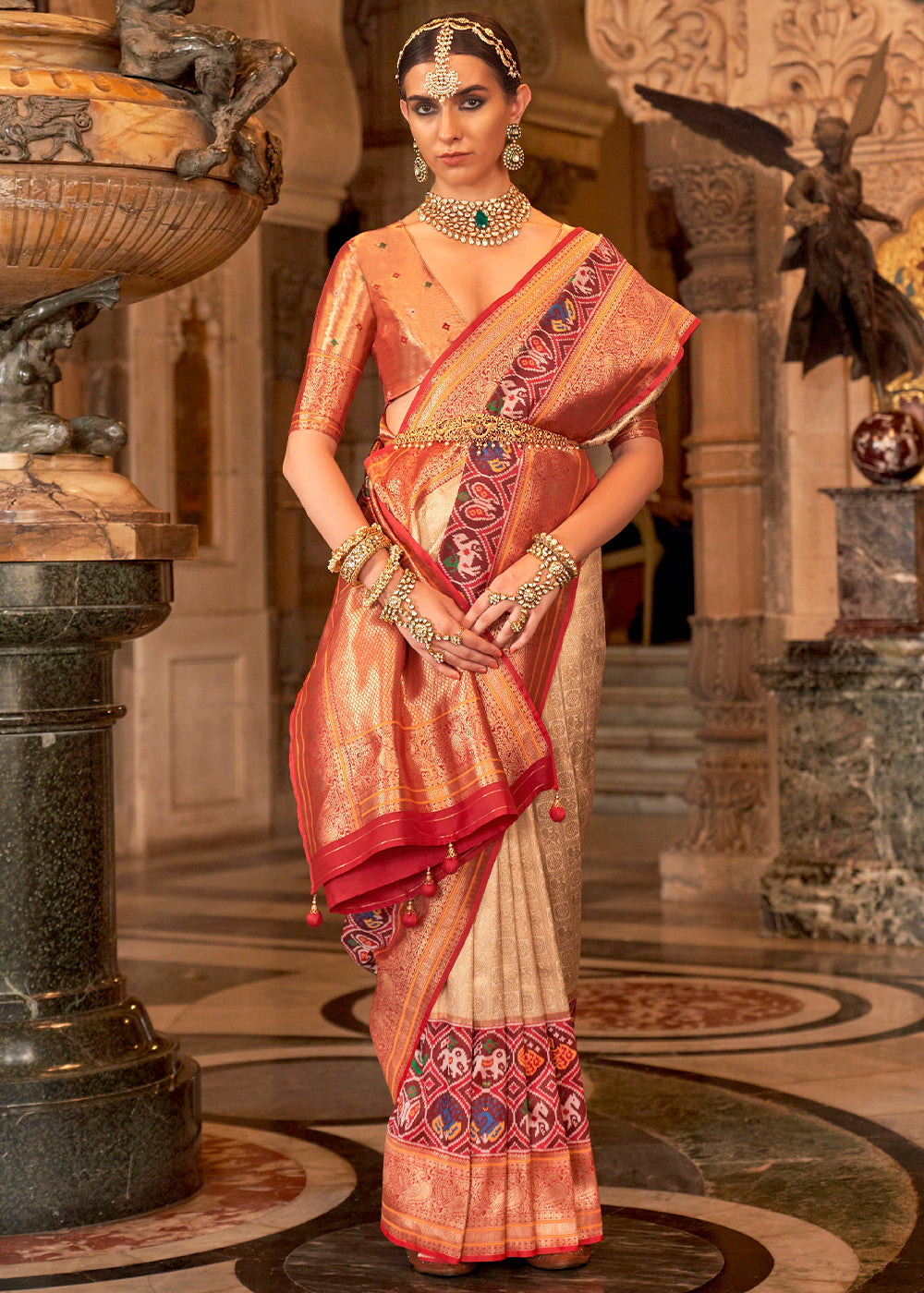 Sandy Beach Cream Zari Woven Banarasi Meenkari Silk Saree