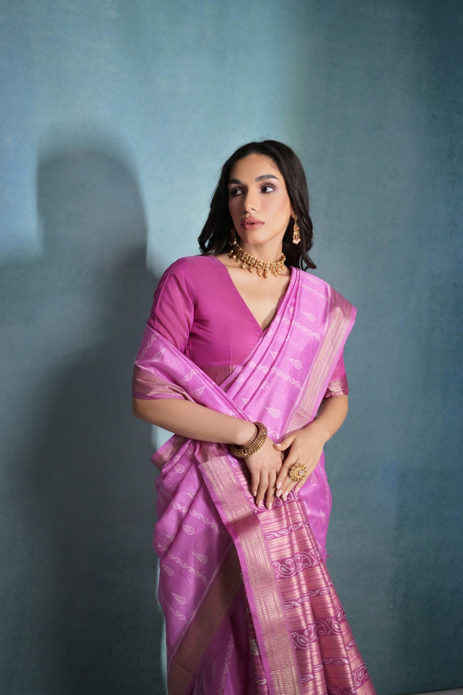 Orchid Pink Ikkat Woven Raw Silk Saree