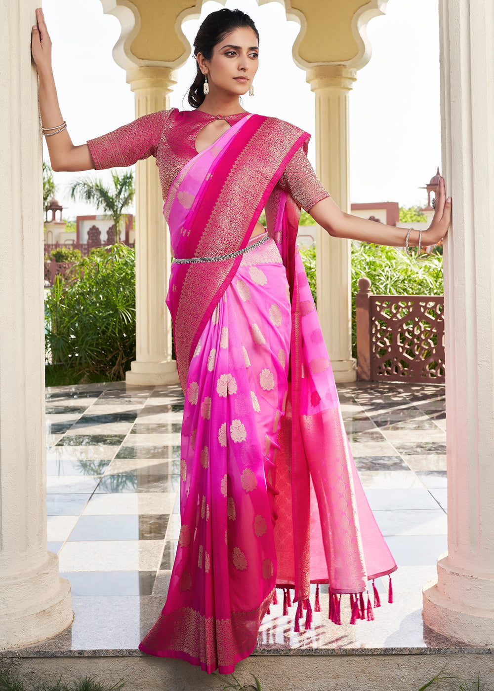 Magenta Pink Zari Woven Georgette Saree