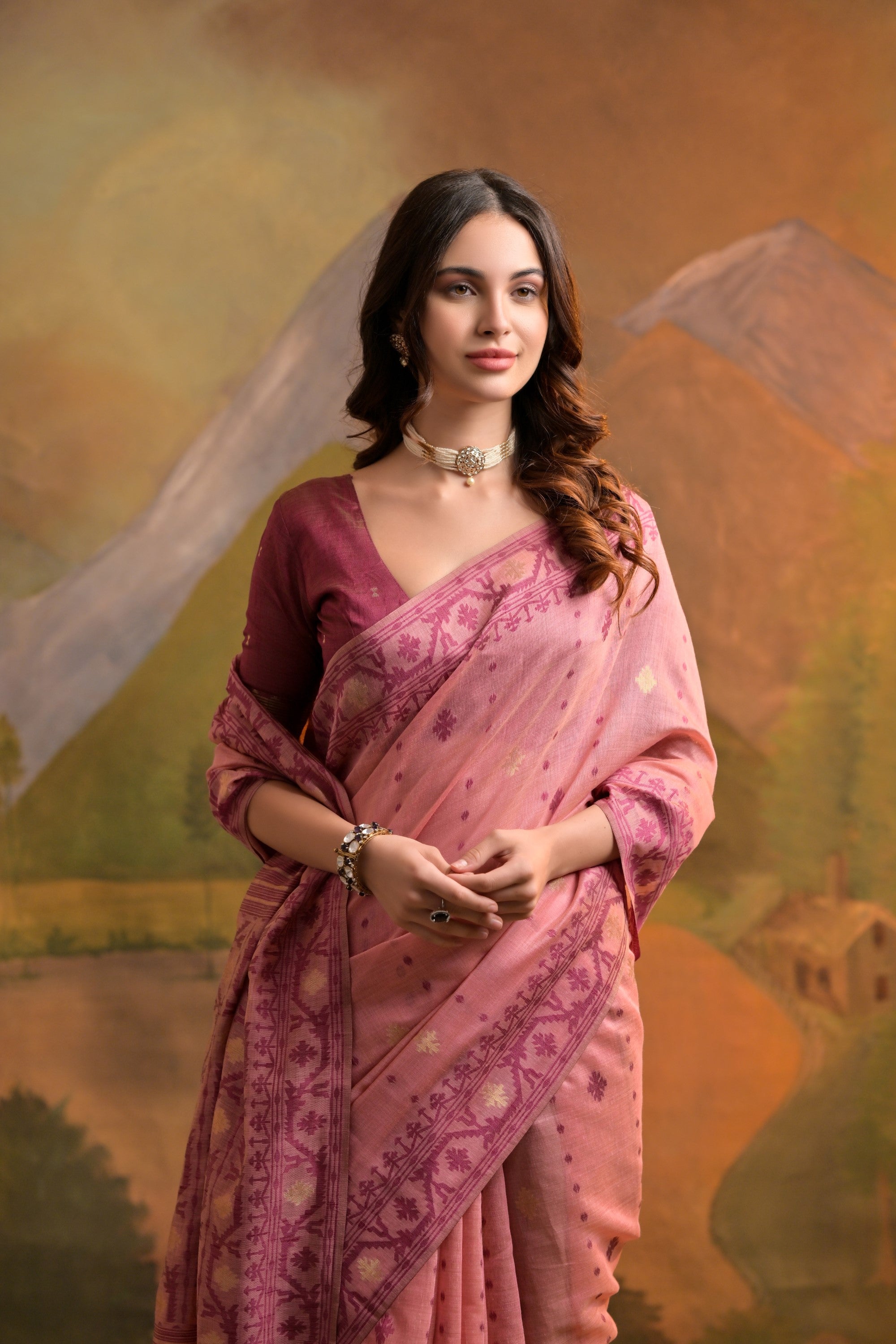 Charm Pink Jamdani Woven Muga Cotton Saree