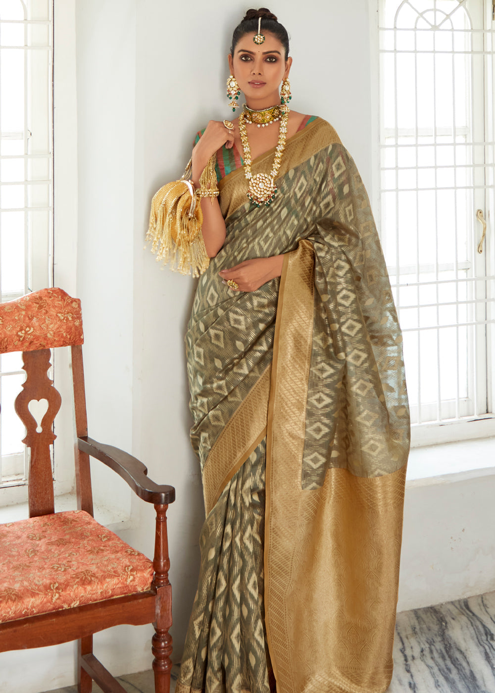 Shadow Green Woven Banarasi Organza Silk Saree