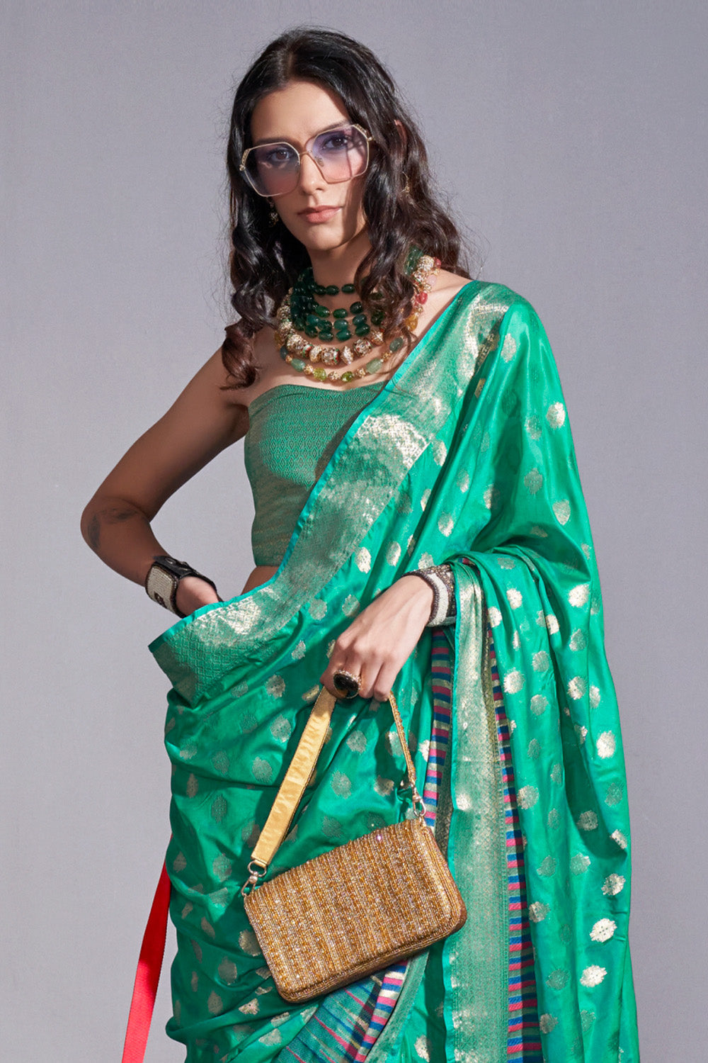 Niagara Green Banarasi Handloom Temple Border Silk Saree