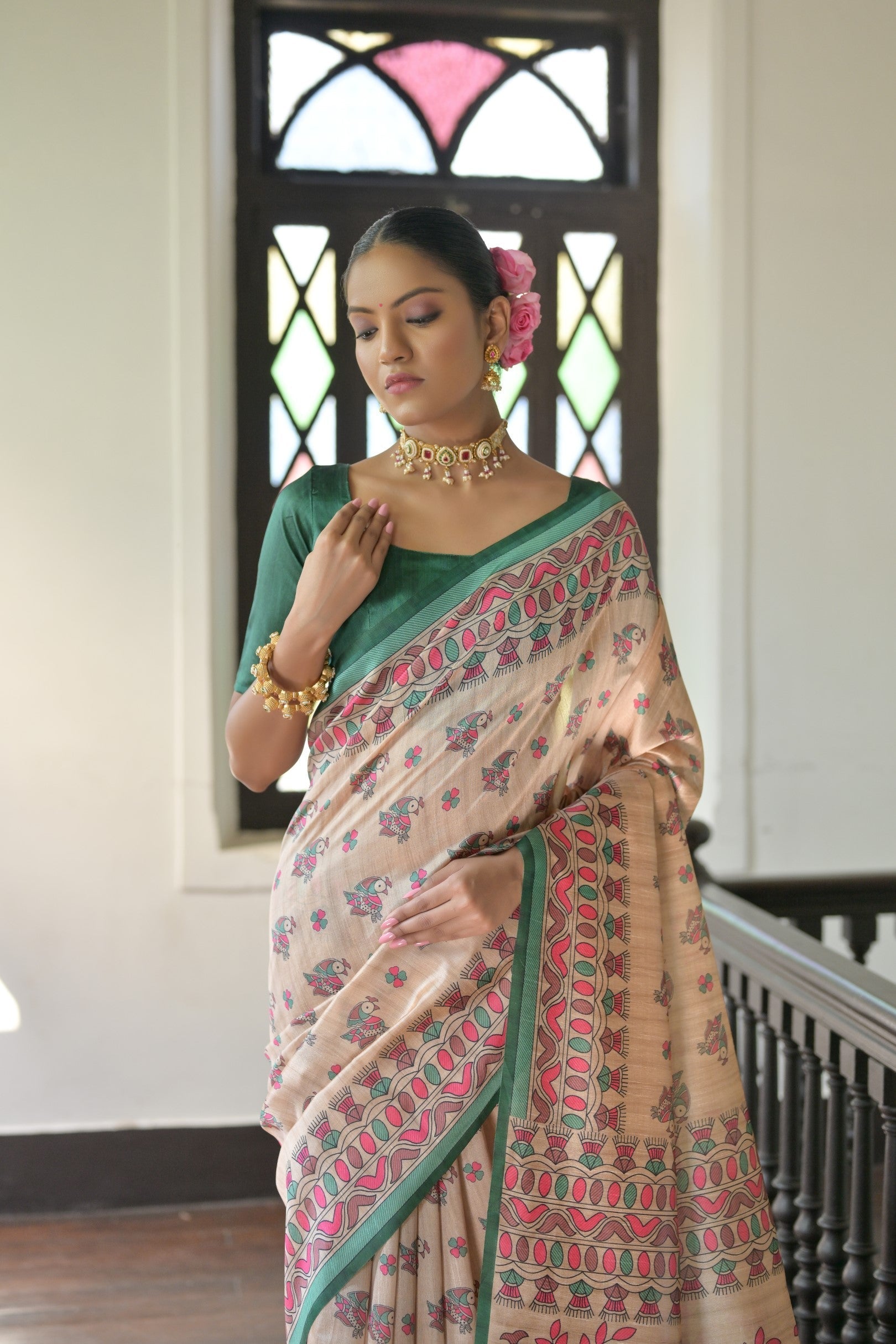 Almond Cream and Green Madhubani Printed Tussar Silk Saree