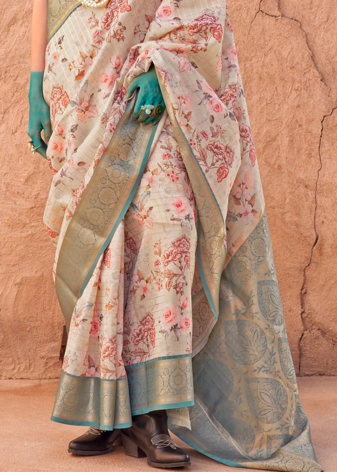 Beige Cream and Green Georgette Handloom Printed Saree