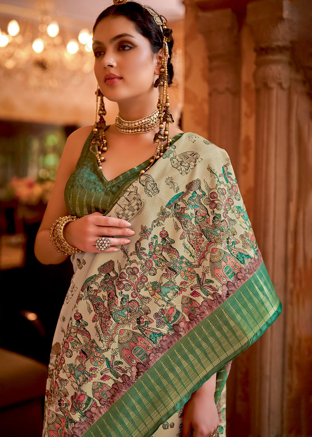 Chino Cream and Green Manipuri Temple Printed Silk Saree