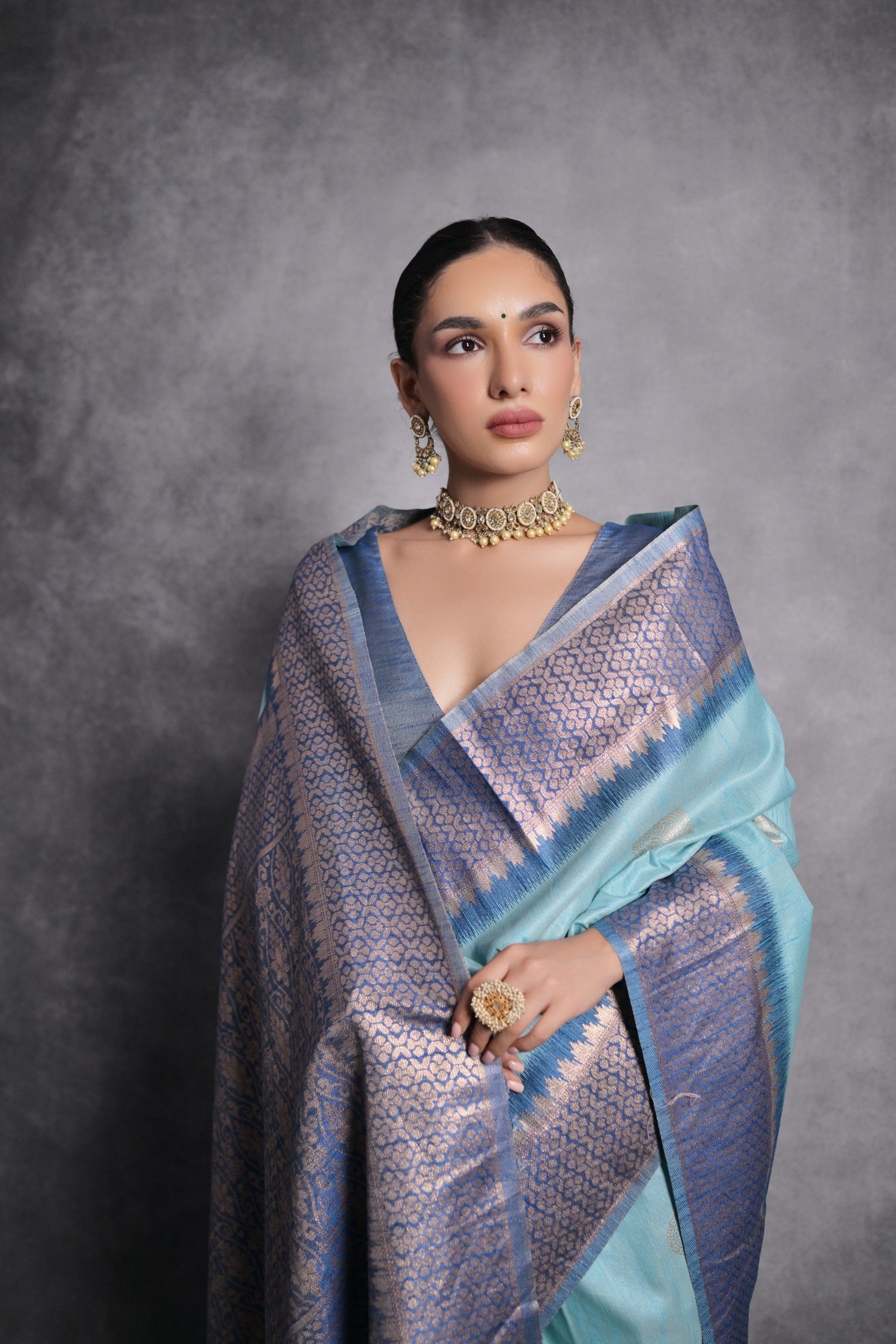 Sinbad Blue Tussar Temple Border Silk Saree