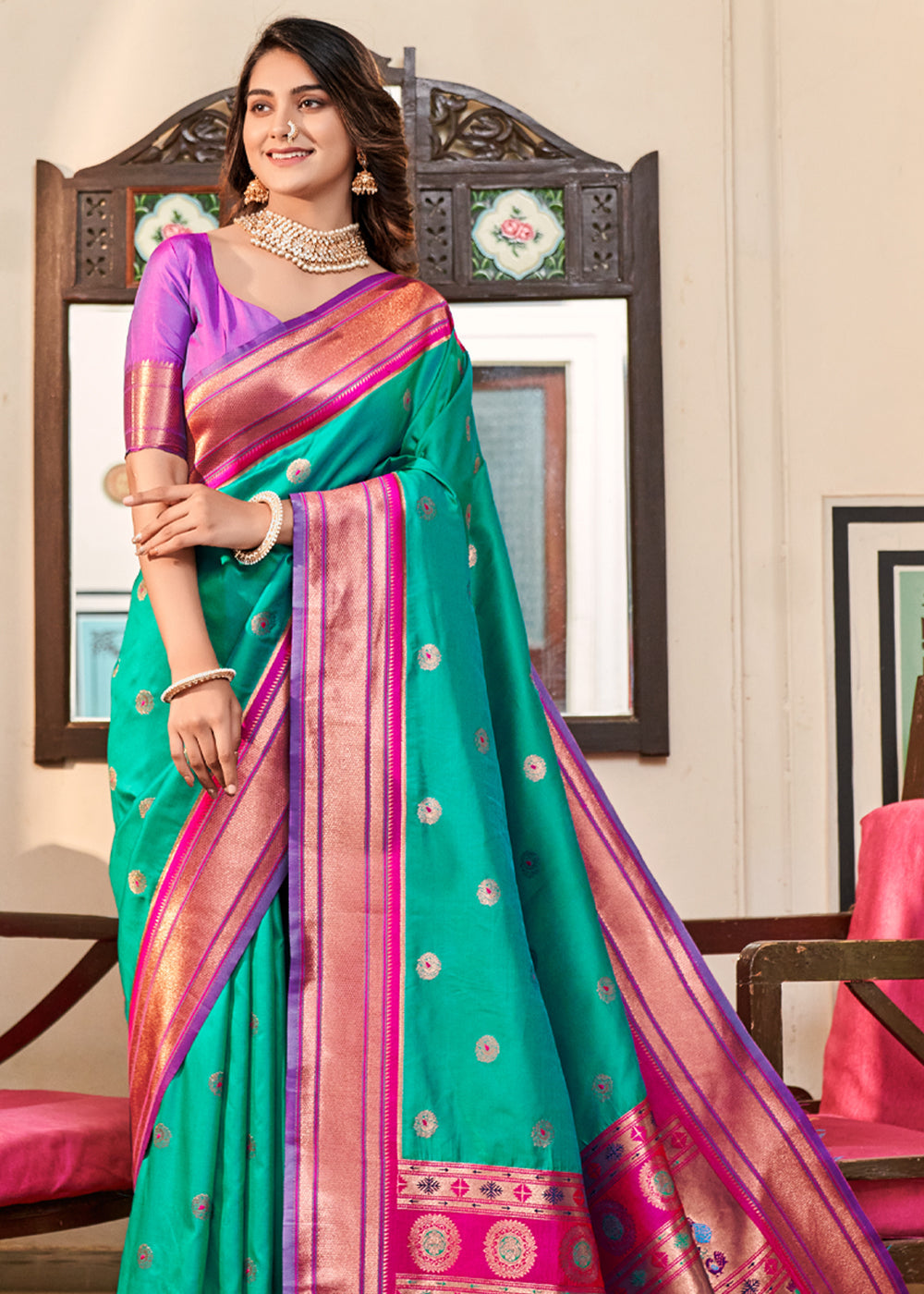 Jade Green Woven Paithani Soft Silk Saree