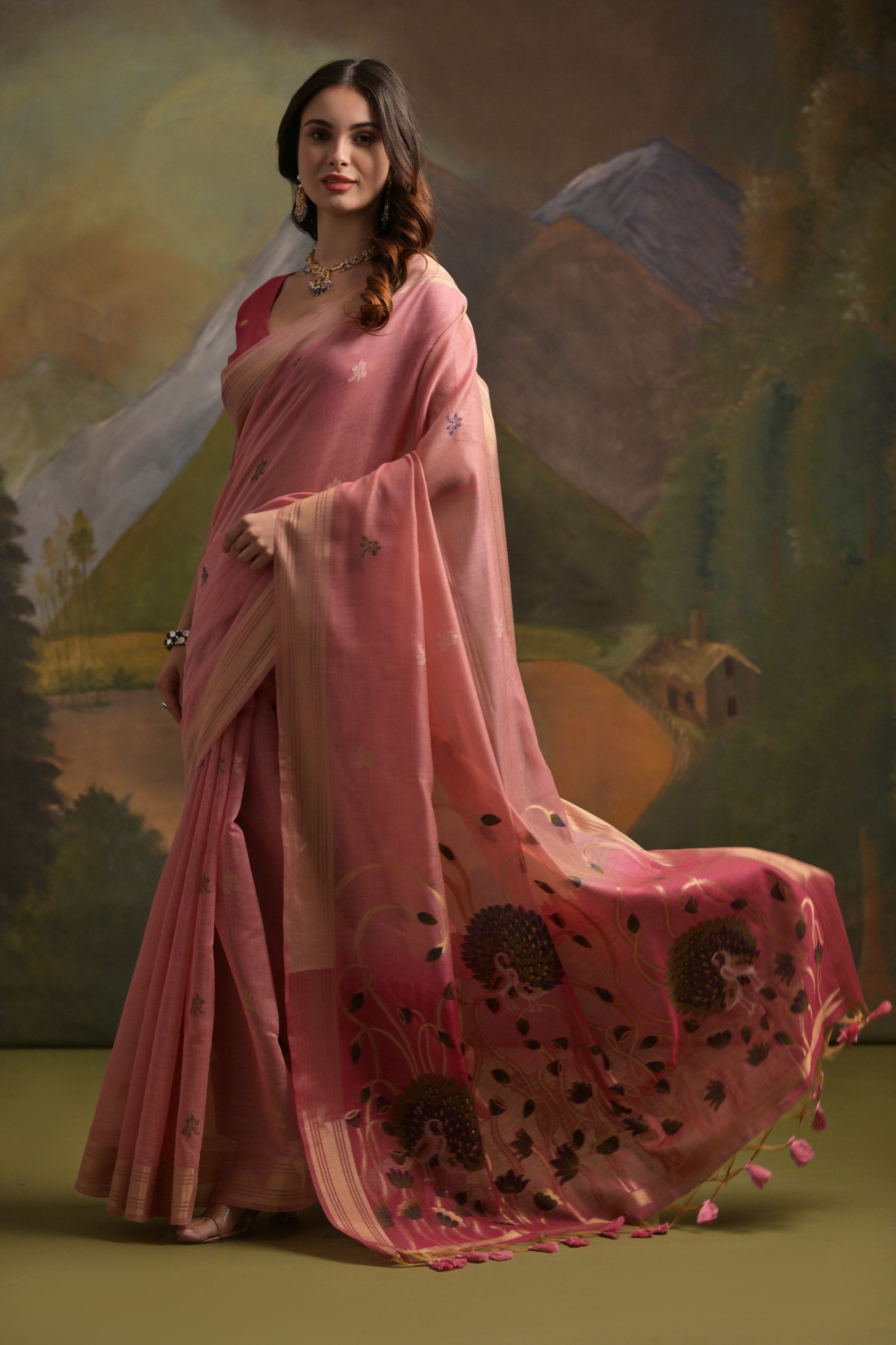 China Rose Pink Pichwai Woven Muga Cotton Saree