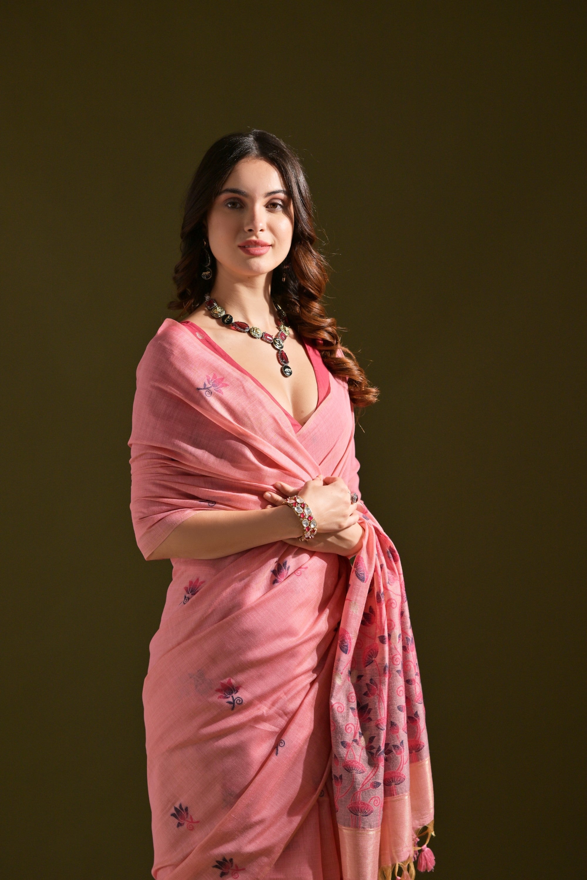 Sea Pink Meenakari Woven Muga Cotton Saree