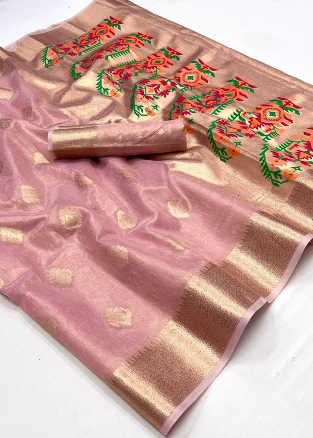 Japonica Peach Handloom Tissue Silk Saree