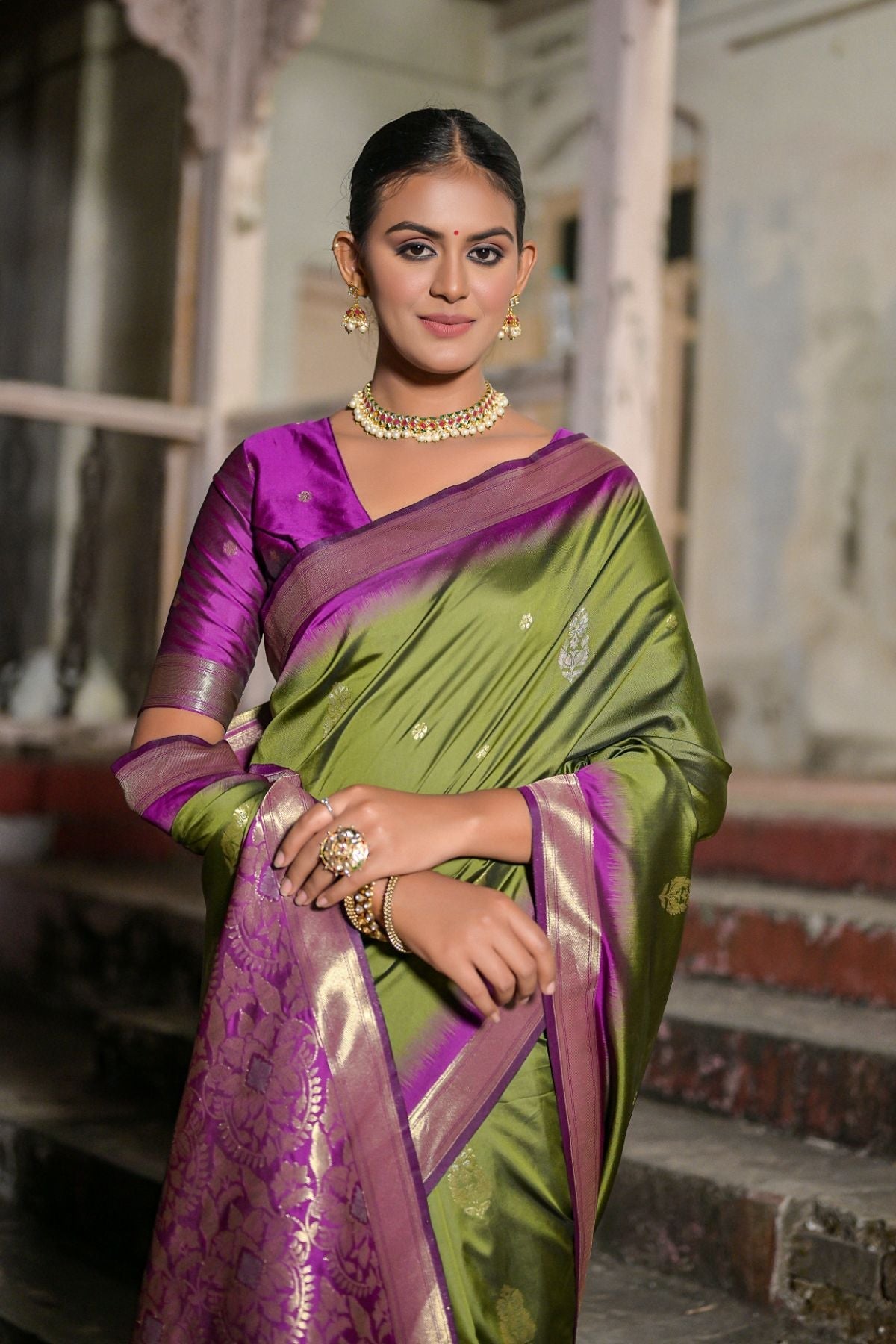 Barley Corn Green Banarasi Soft Silk Saree