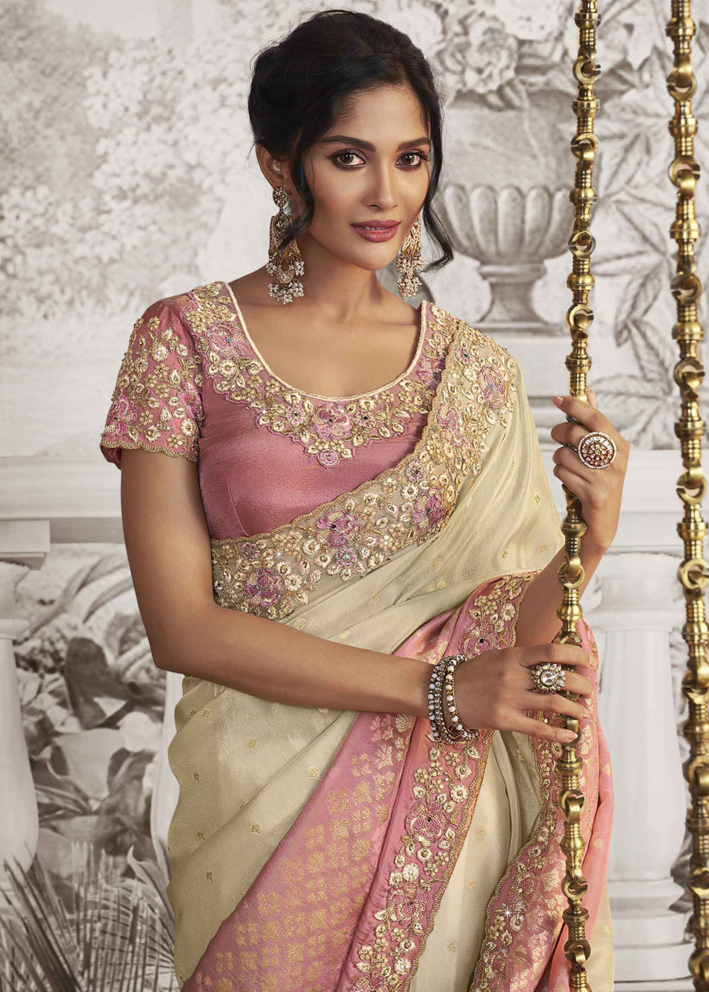 Timid Cream and Pink Embroidered Designer Silk Saree