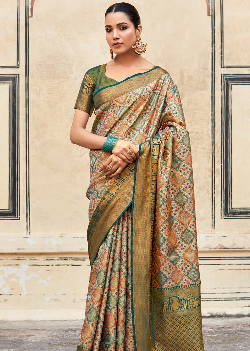 Siam Green and Brown Woven Banarasi Silk Saree