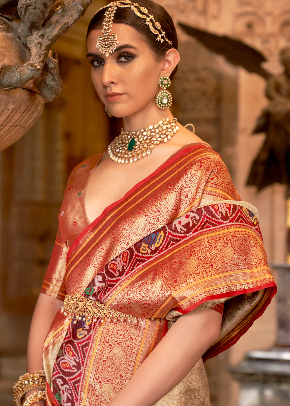 Sandy Beach Cream Zari Woven Banarasi Meenkari Silk Saree