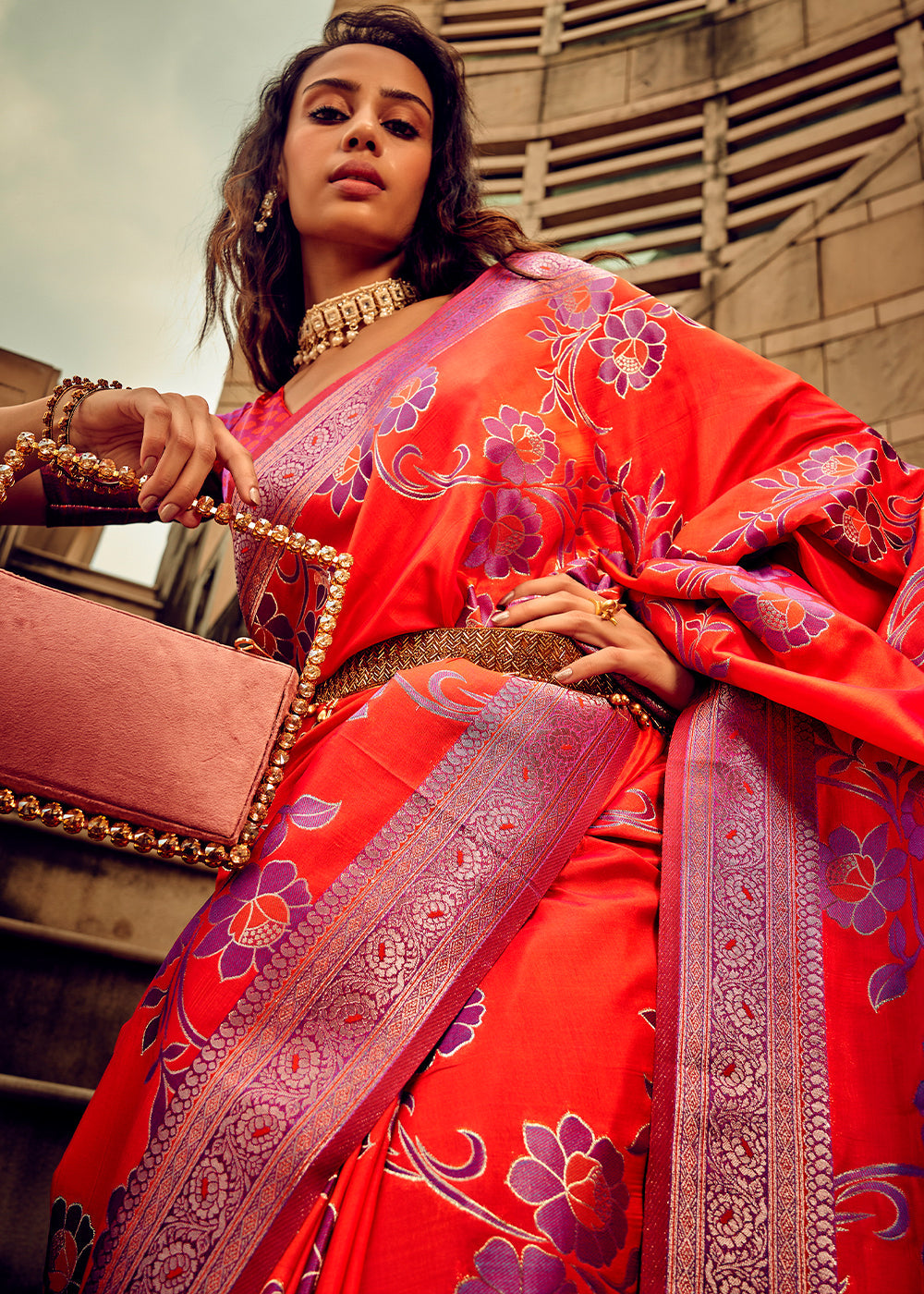 Coral Orange Zari Woven Banarasi Handloom Silk Saree