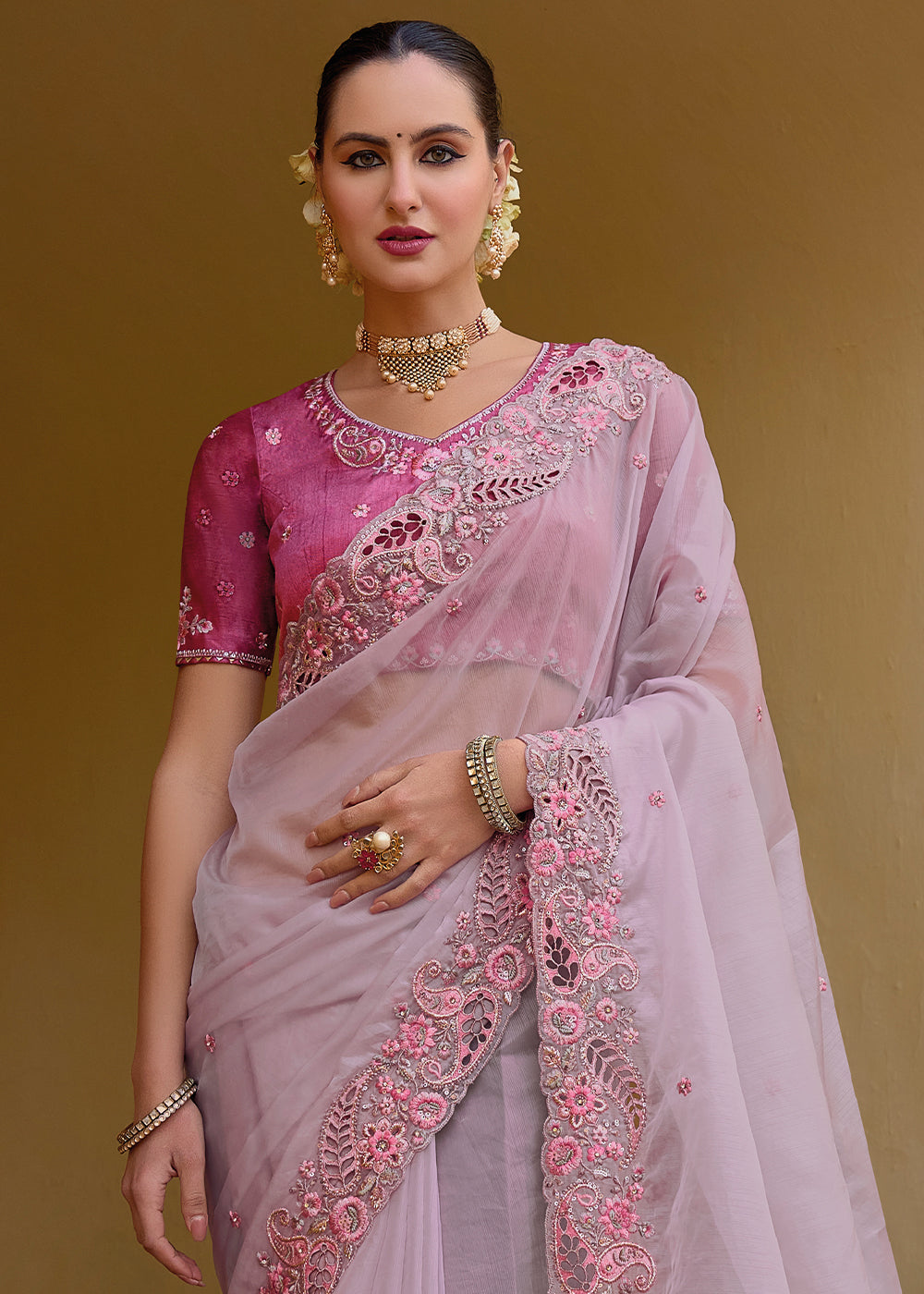 Lily Pink Tissue Organza Embroidered Silk Saree