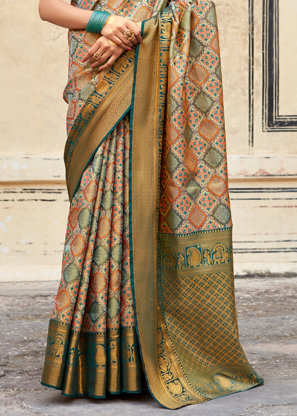 Siam Green and Brown Woven Banarasi Silk Saree