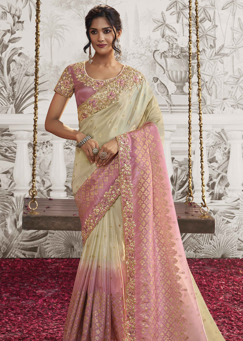 Timid Cream and Pink Embroidered Designer Silk Saree