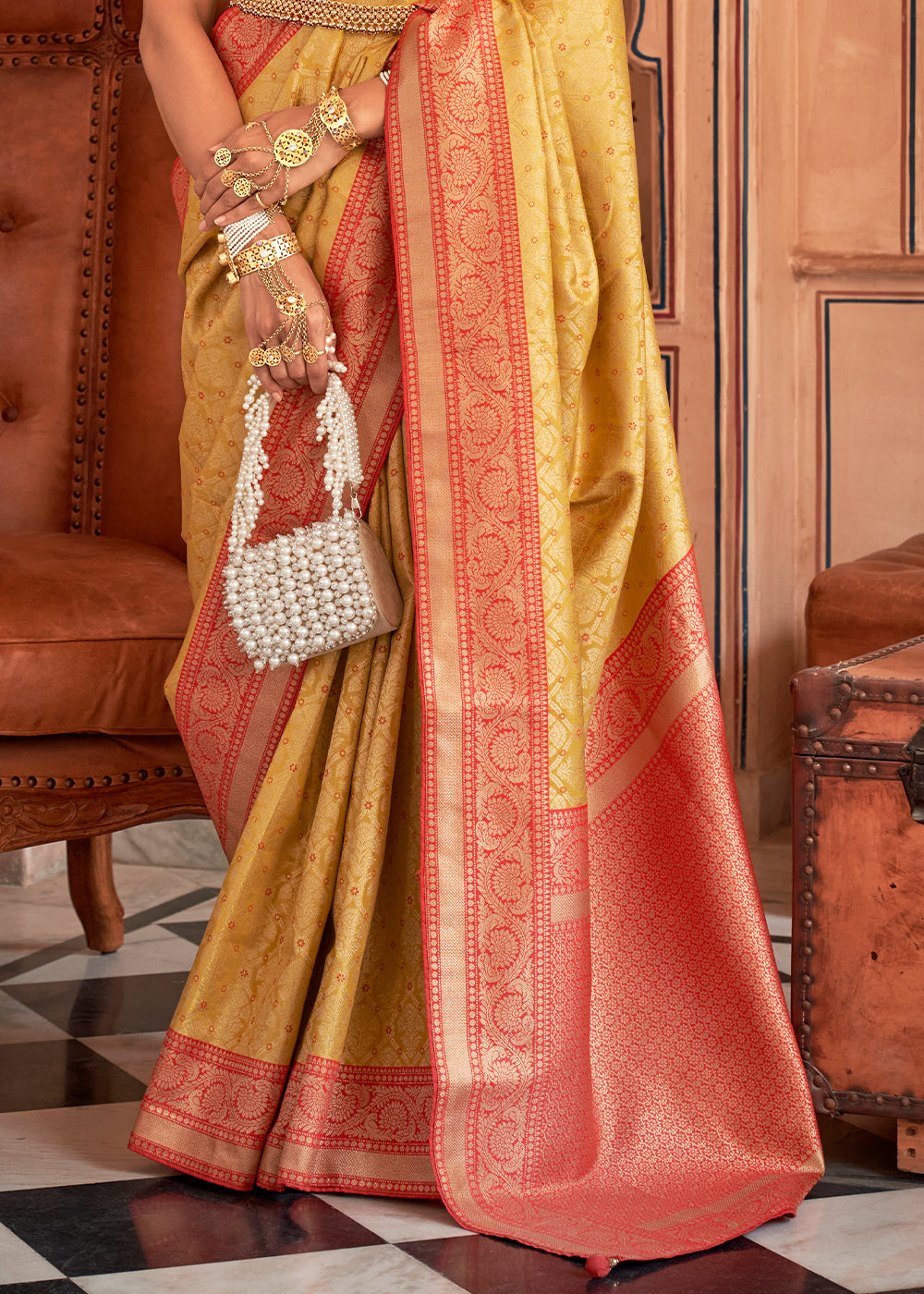 Sunset Pearl Yellow Zari Woven Banarasi Silk Saree