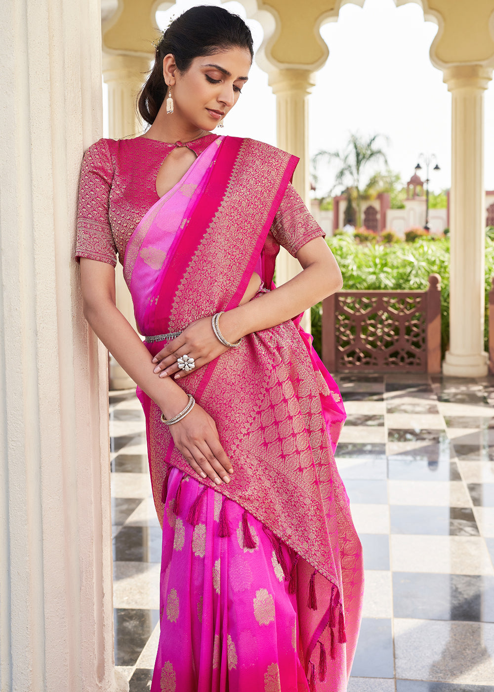 Magenta Pink Zari Woven Georgette Saree