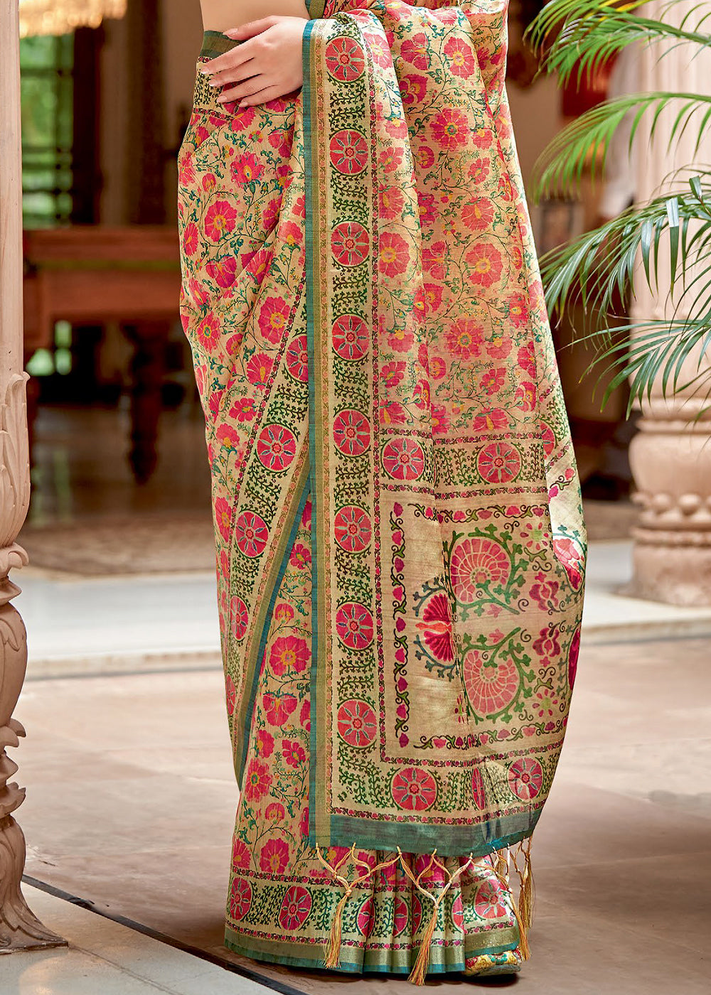 Amaranth Pink Banarasi Printed Silk Saree