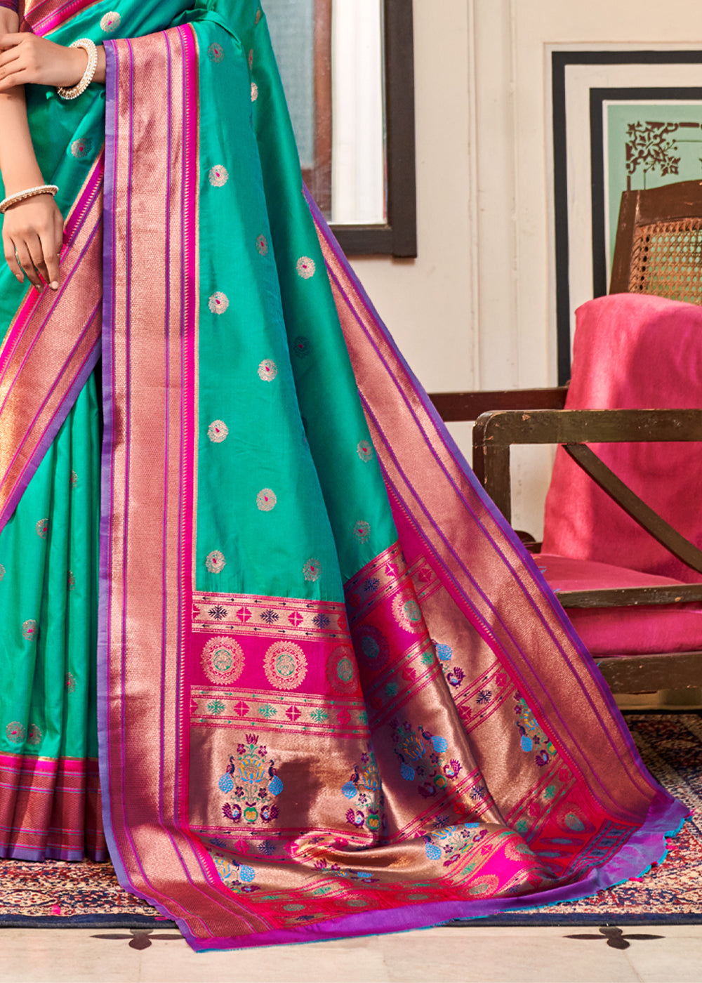 Jade Green Woven Paithani Soft Silk Saree