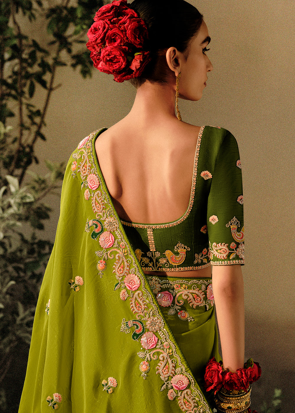 Verdun Green Embroidery Designer Banarasi Dola Silk Saree