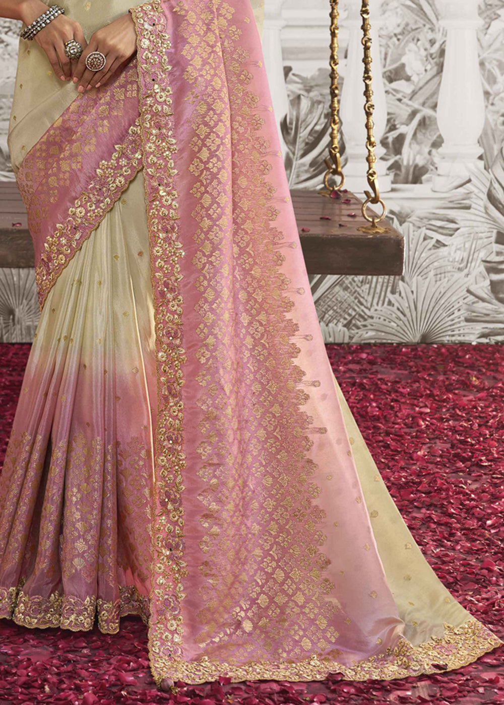 Timid Cream and Pink Embroidered Designer Silk Saree