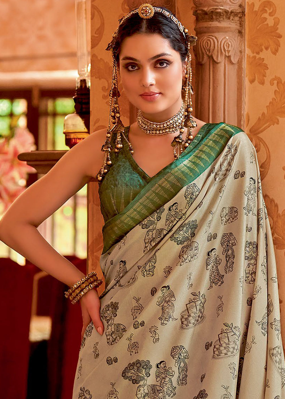 Chino Cream and Green Manipuri Temple Printed Silk Saree