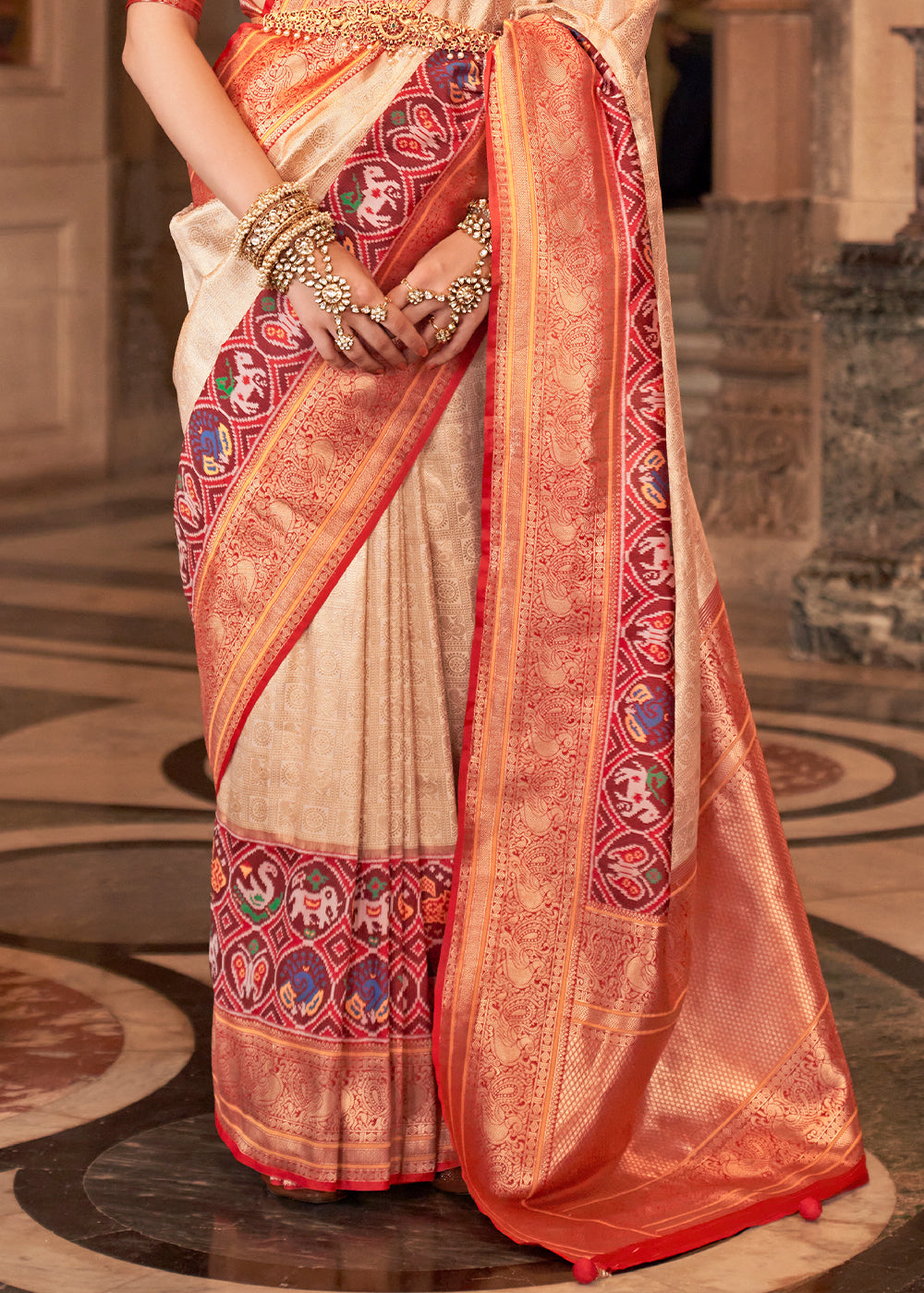 Sandy Beach Cream Zari Woven Banarasi Meenkari Silk Saree