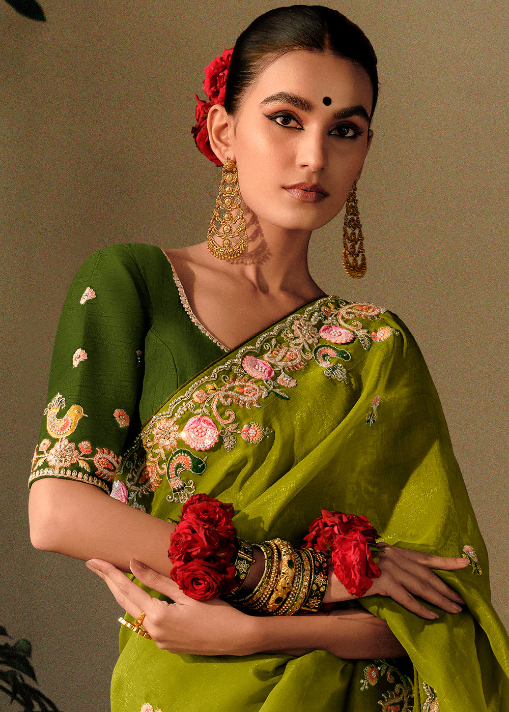 Verdun Green Embroidery Designer Banarasi Dola Silk Saree