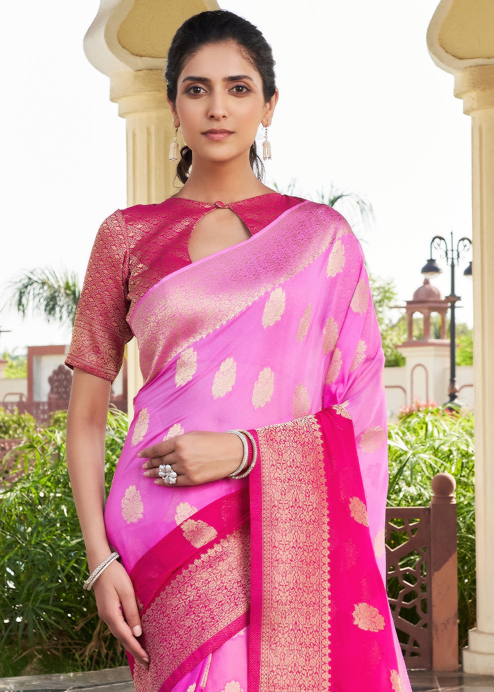 Magenta Pink Zari Woven Georgette Saree