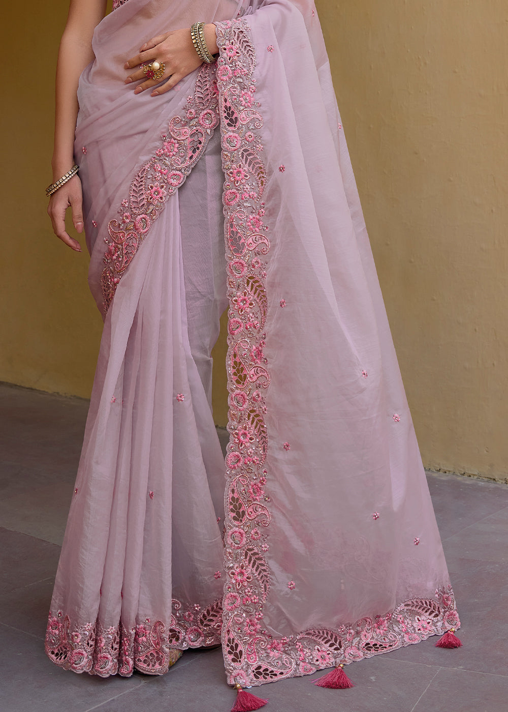 Lily Pink Tissue Organza Embroidered Silk Saree