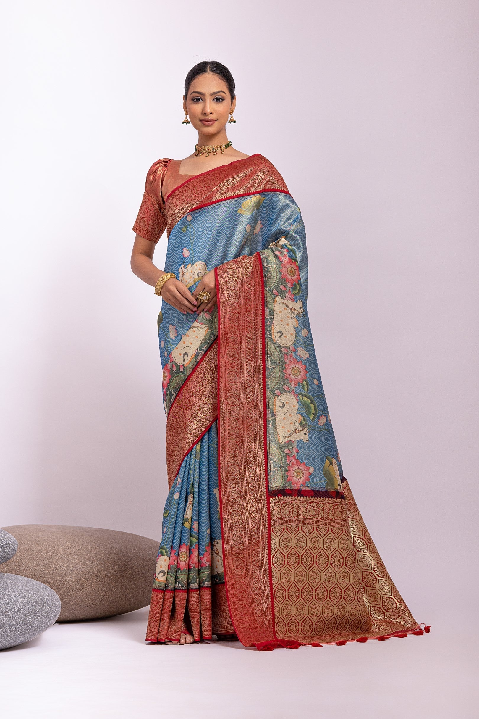 St Tropaz Blue Woven Tissue Silk Saree