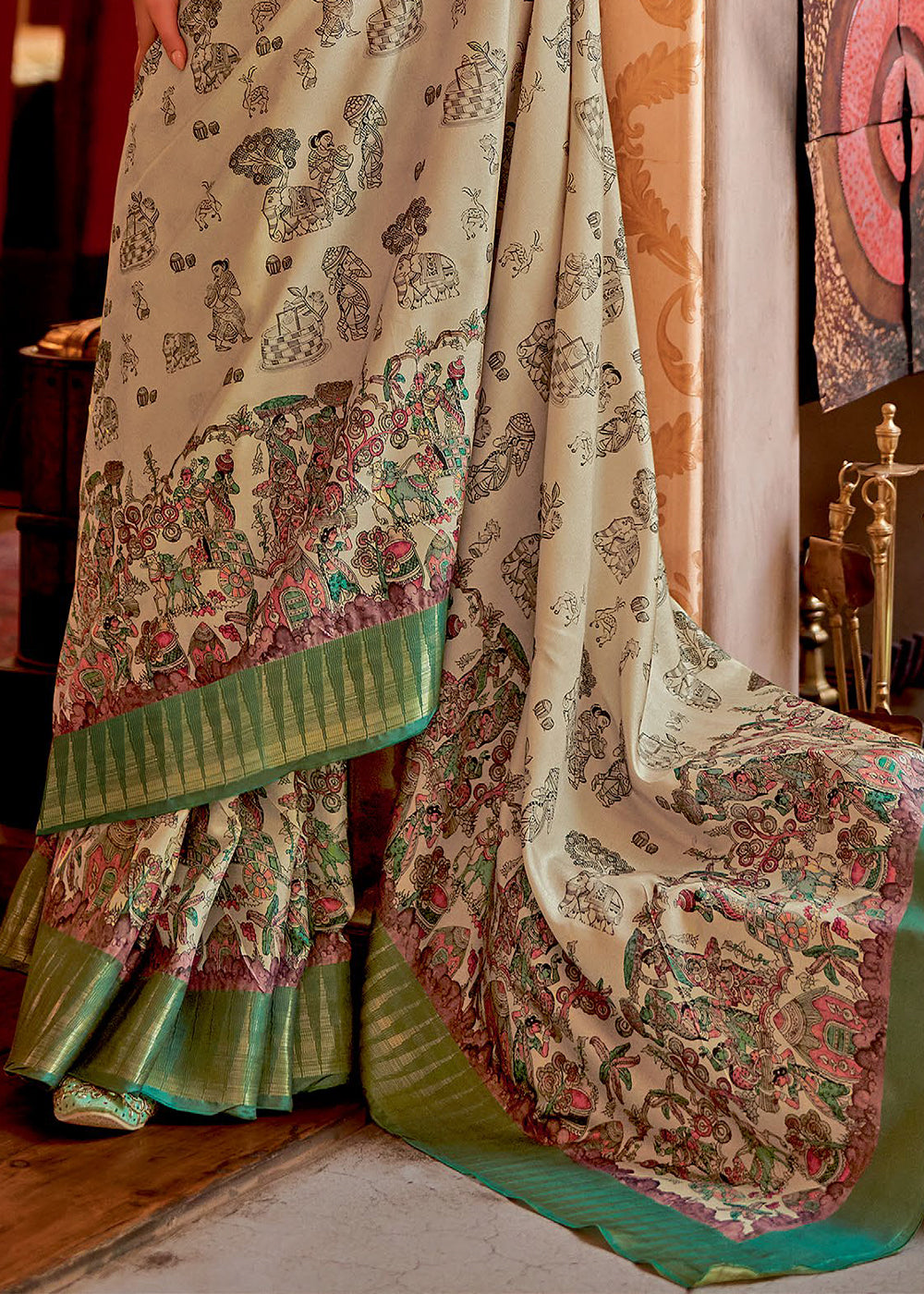 Chino Cream and Green Manipuri Temple Printed Silk Saree