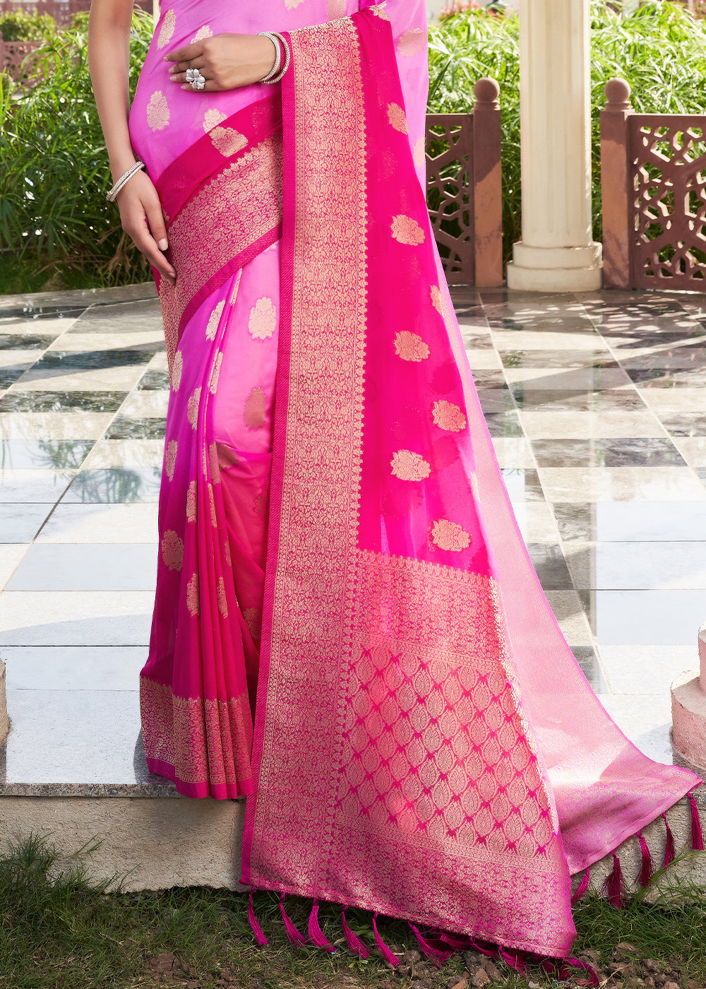 Magenta Pink Zari Woven Georgette Saree