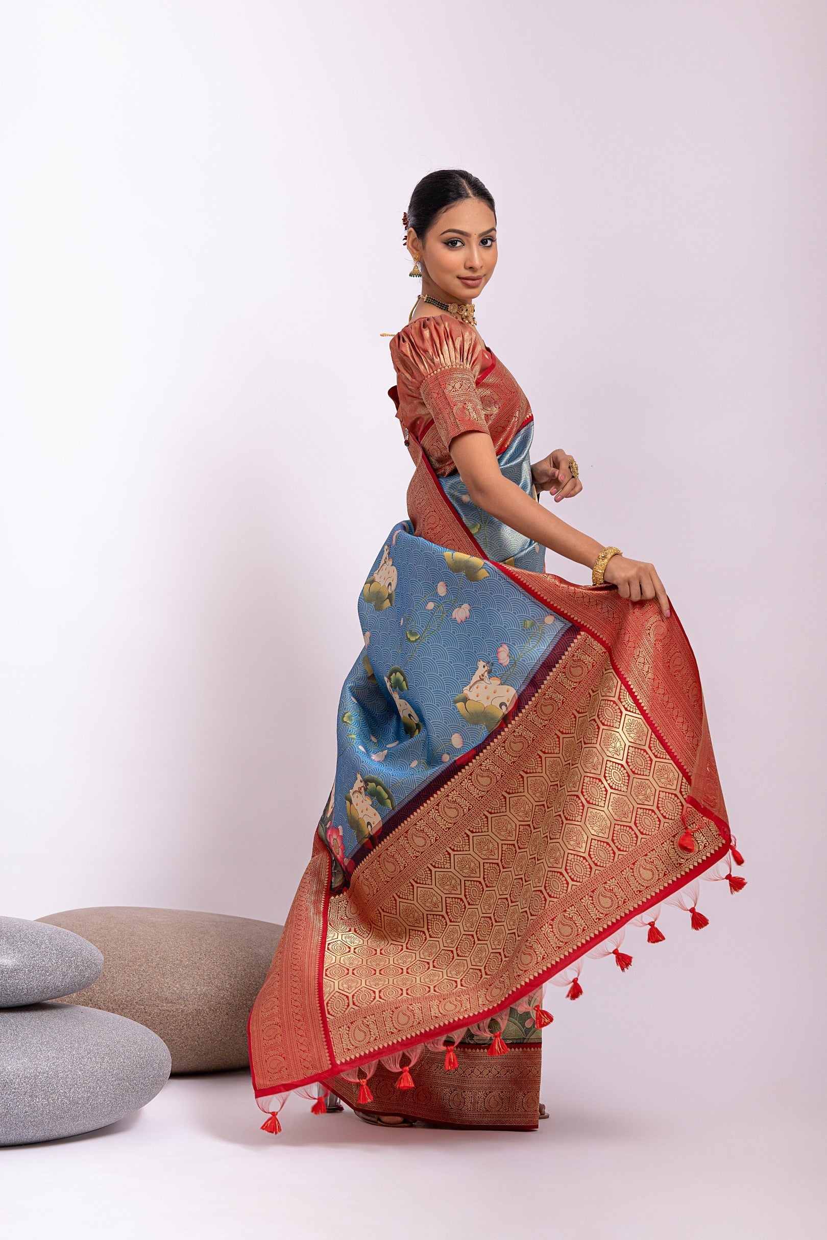 St Tropaz Blue Woven Tissue Silk Saree