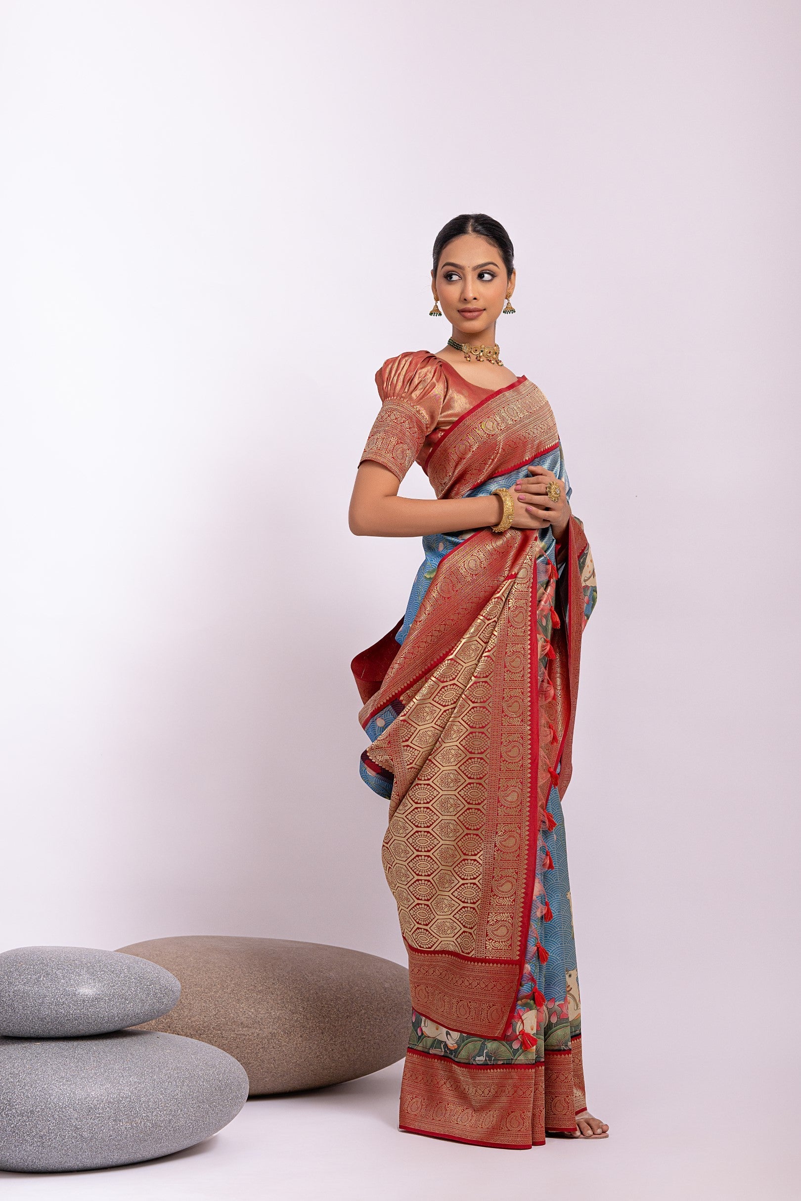 St Tropaz Blue Woven Tissue Silk Saree