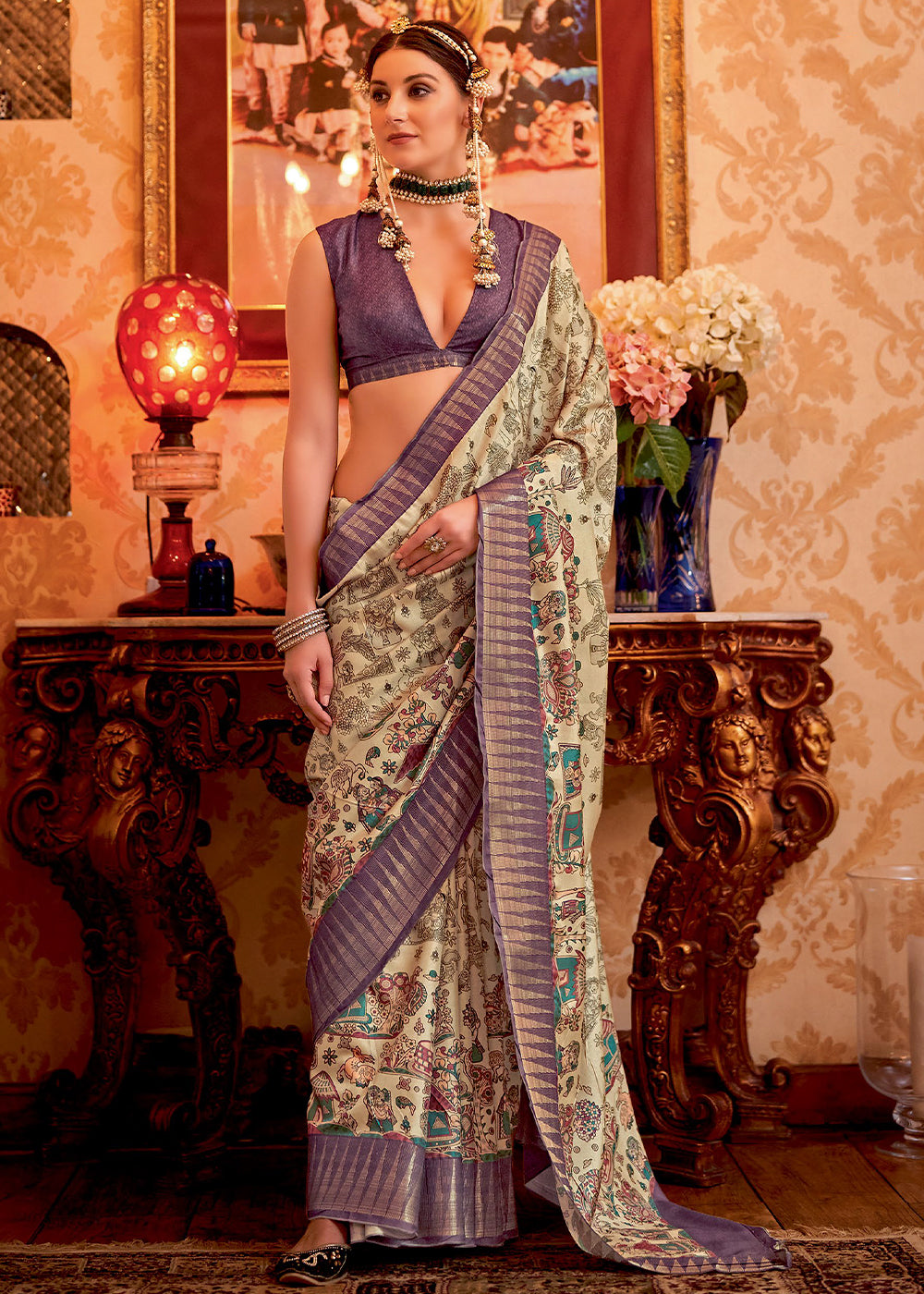 Clime Cream and Purple Manipuri Temple Printed Silk Saree