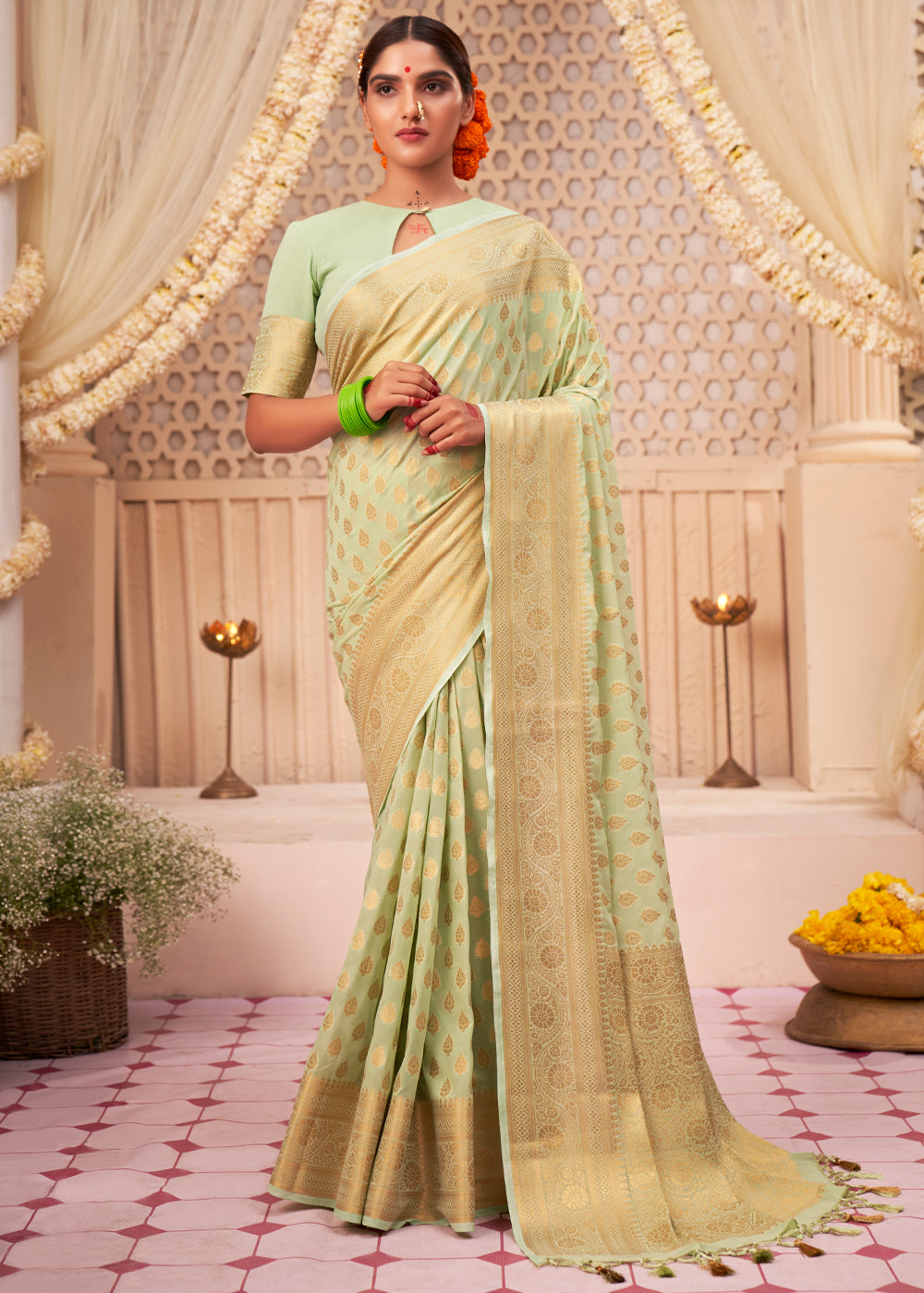 Winter Hazel Green Woven Georgette Saree