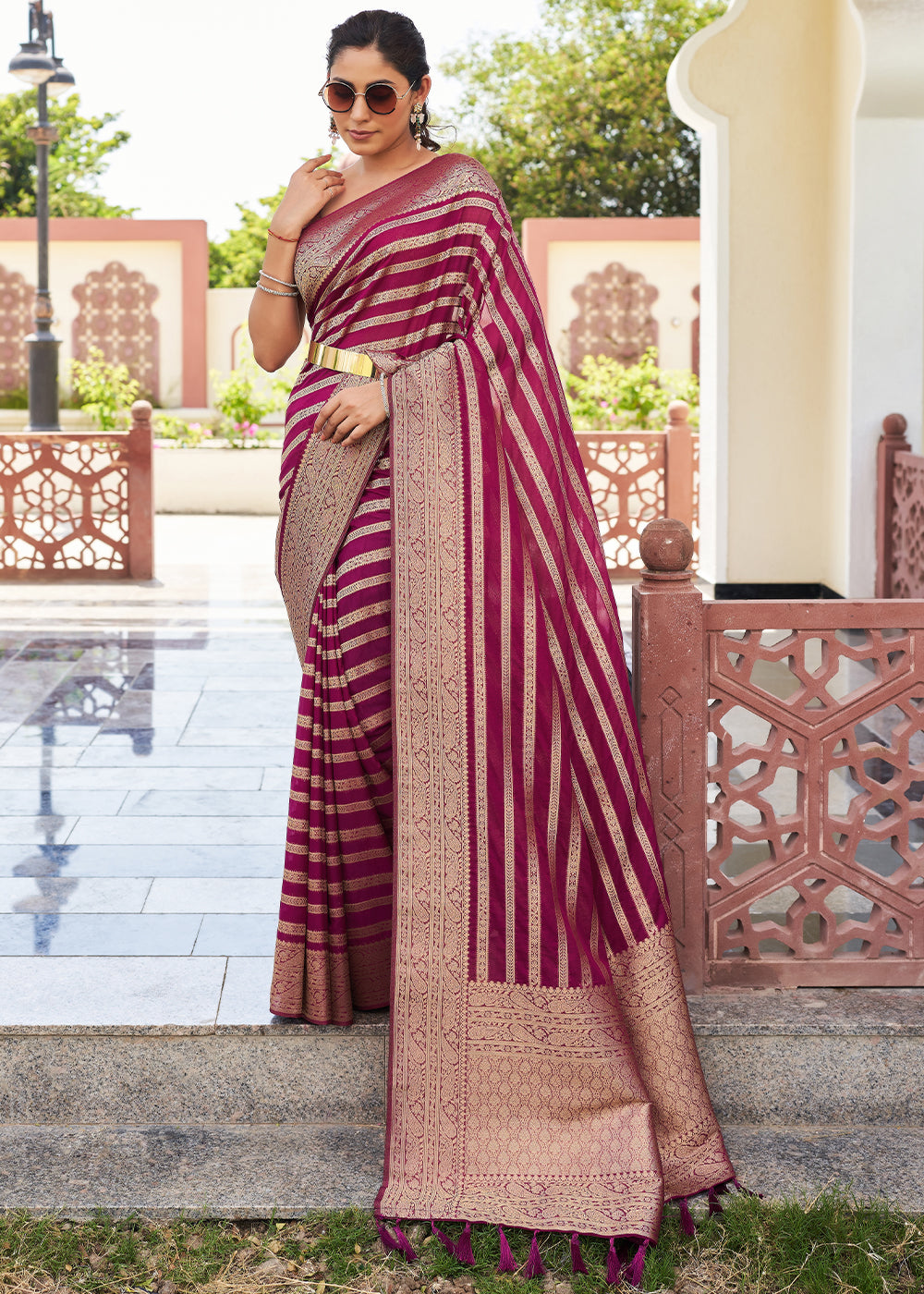 Rose Bud Cherry Purple Woven Lehriya Georgette Saree