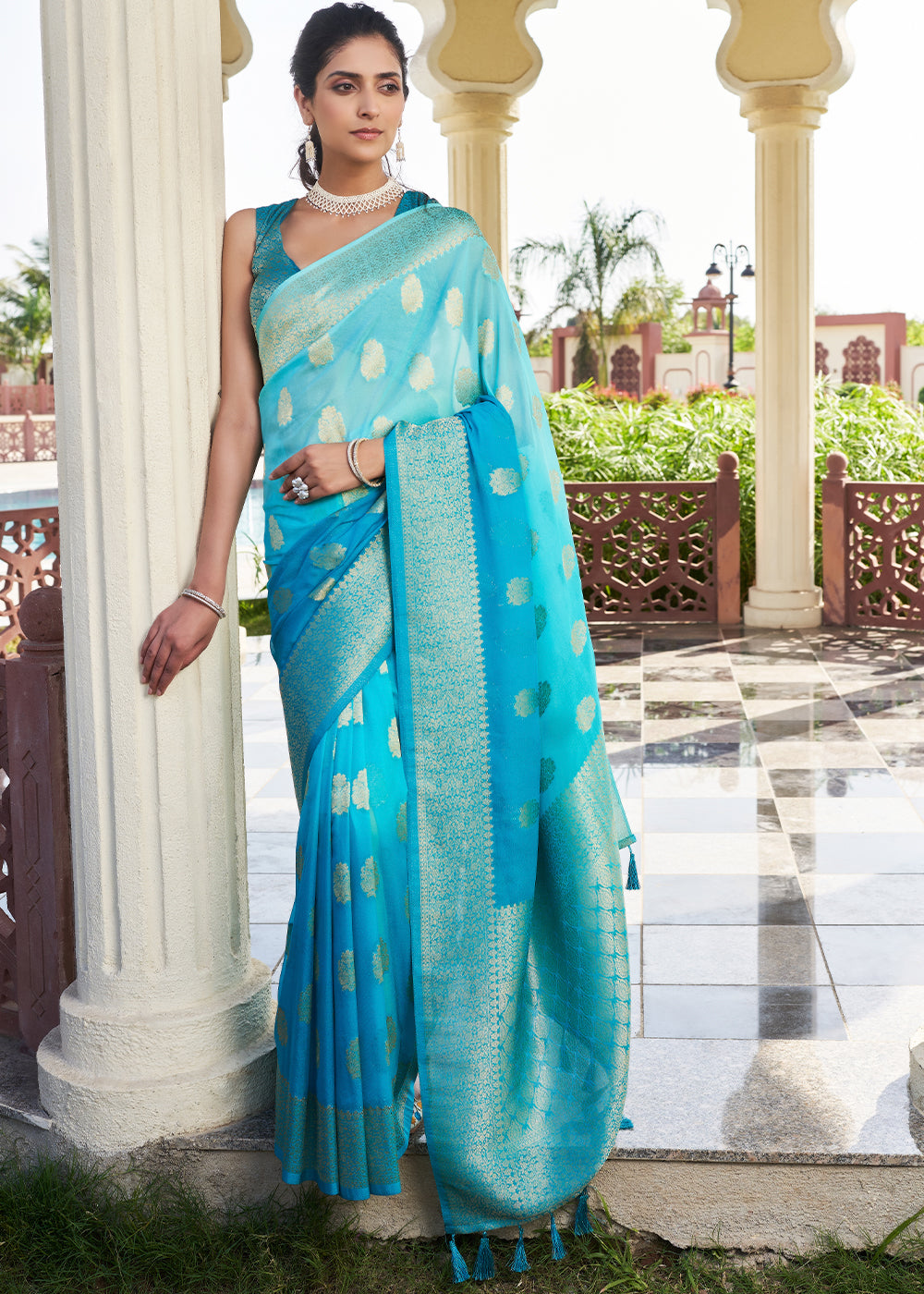 Bondi Blue Zari Woven Georgette Saree