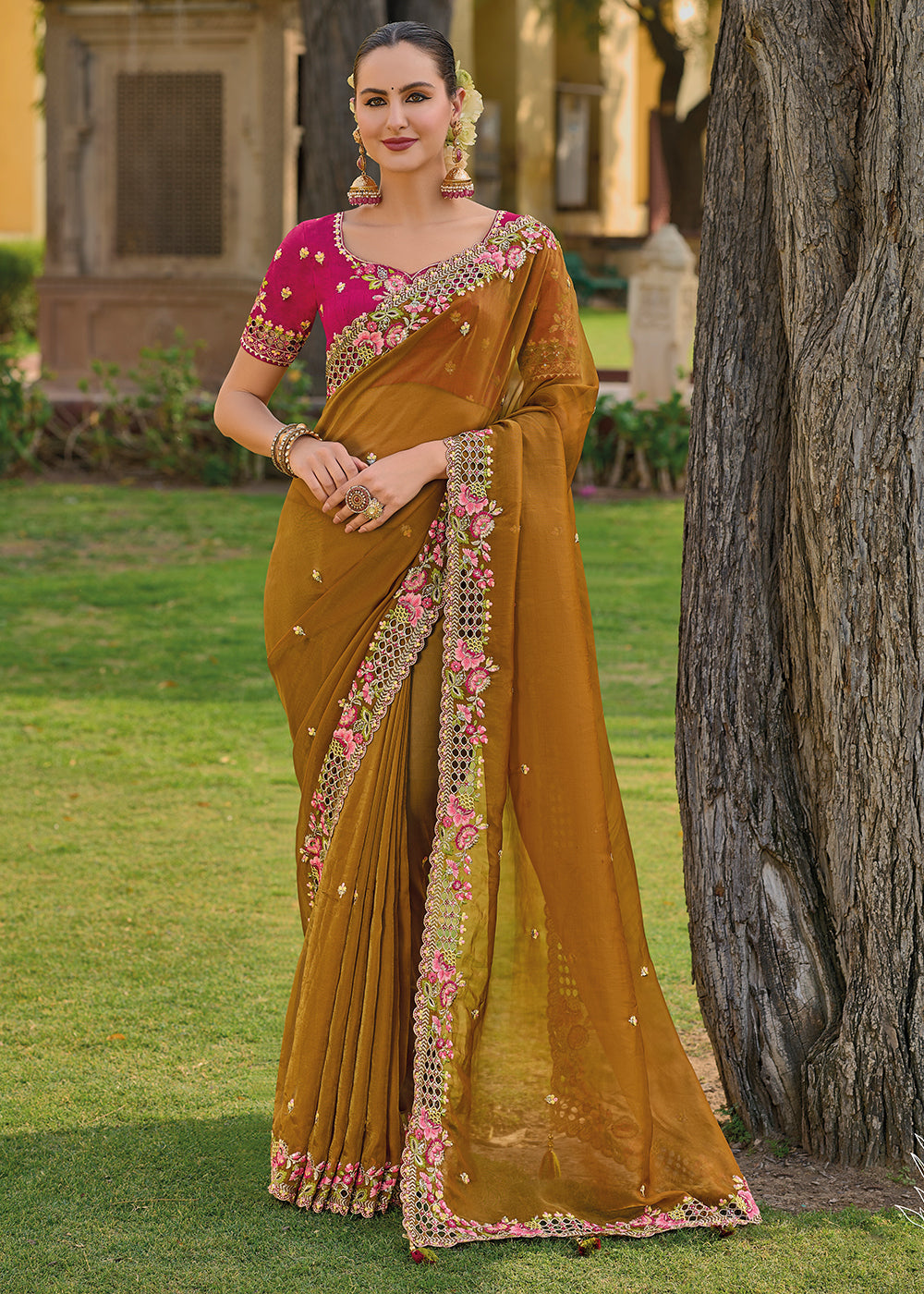 Hawaiian Tan Yellow Tissue Organza Embroidered Silk Saree