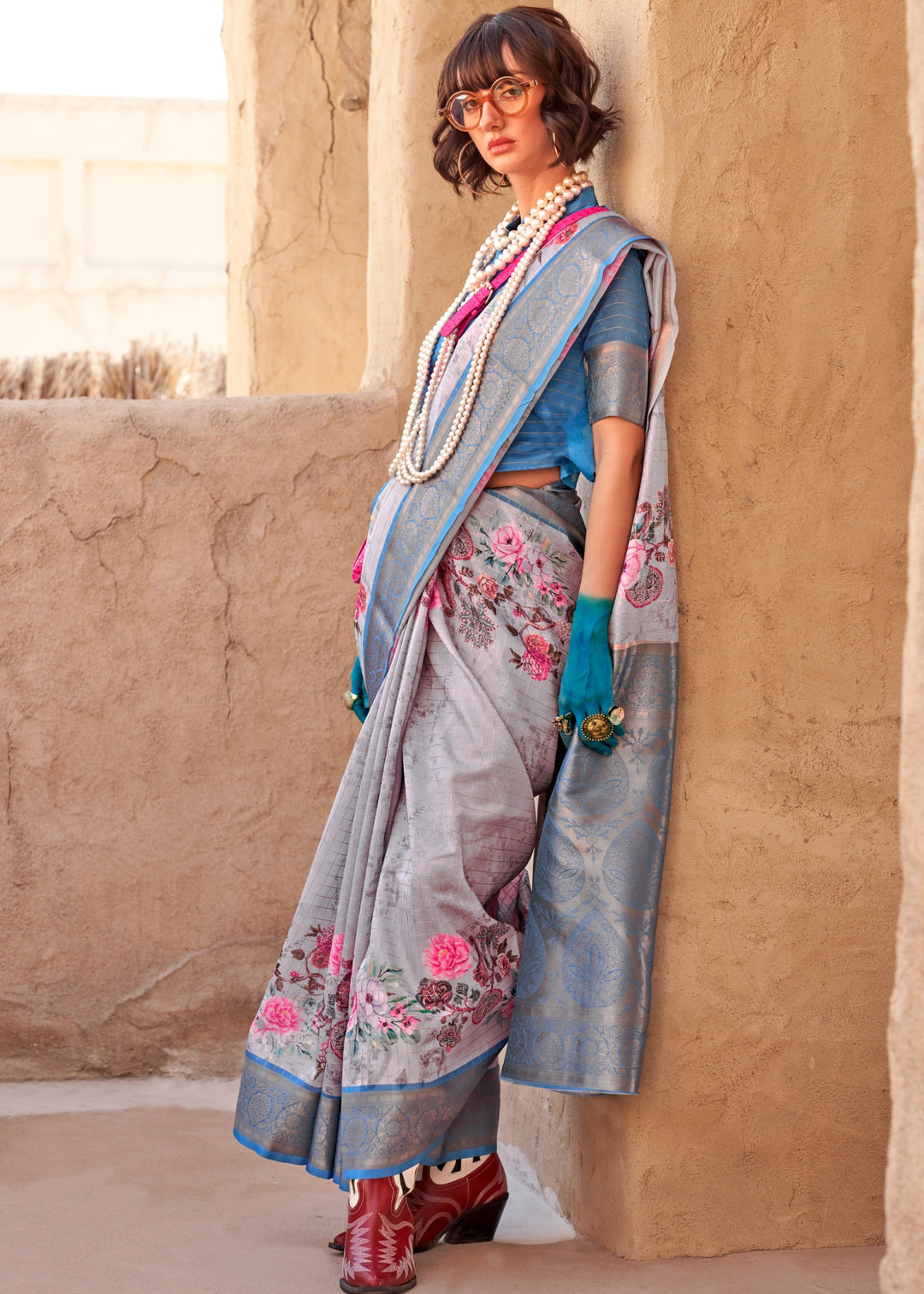 Opal Blue Georgette Handloom Printed Saree