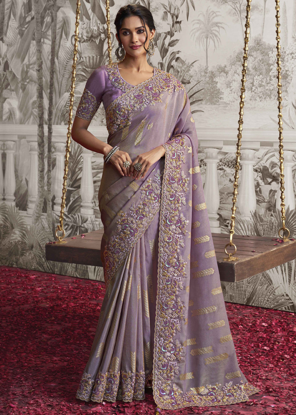 Heather Purple Embroidered Designer Silk Saree