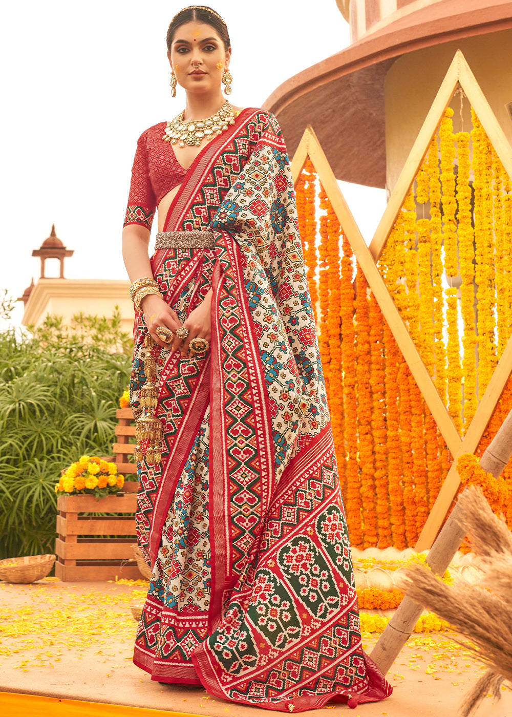 Malta Grey and Red Printed Patola Silk Saree