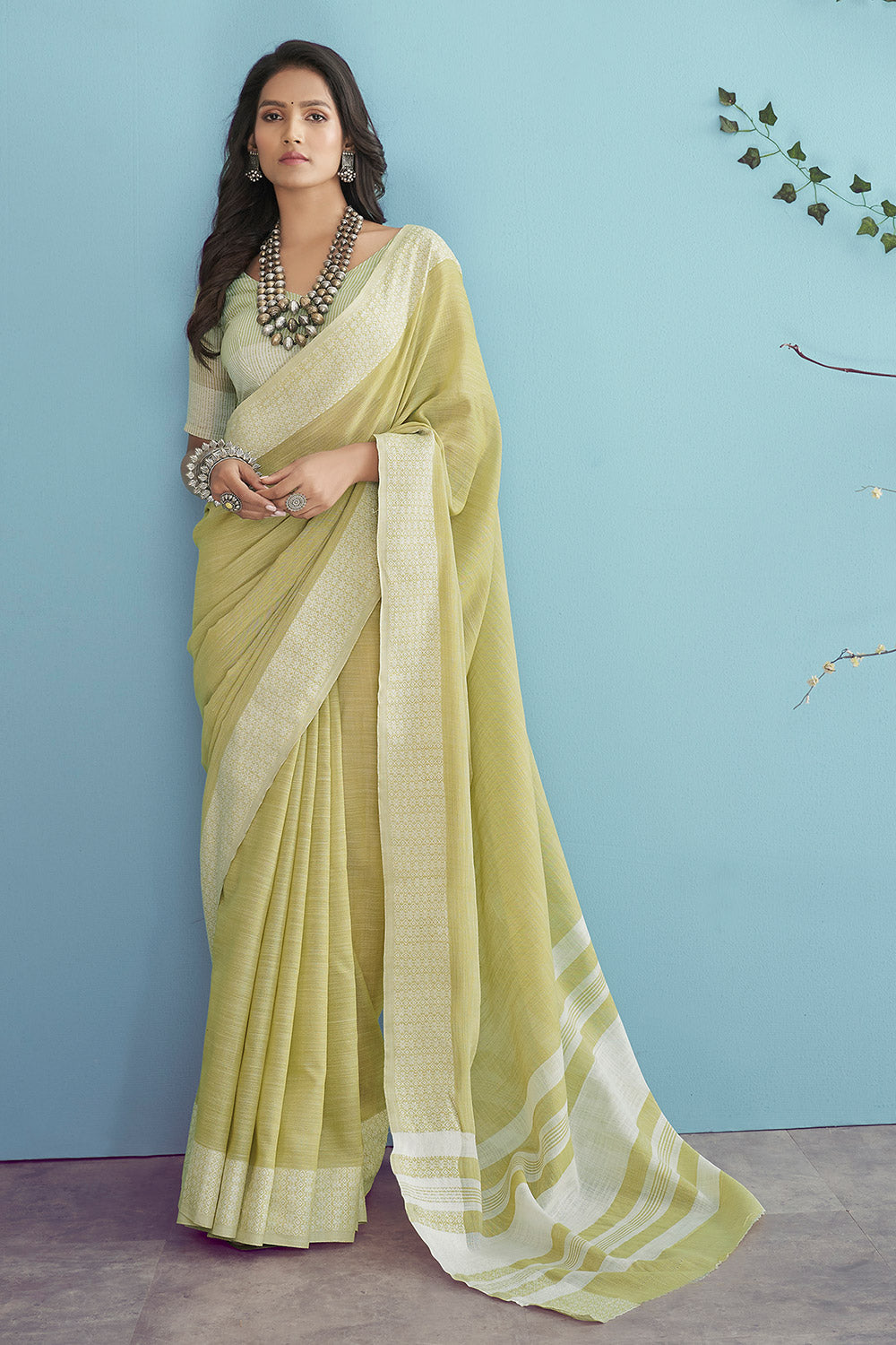 Winter Hazel Green Linen Saree