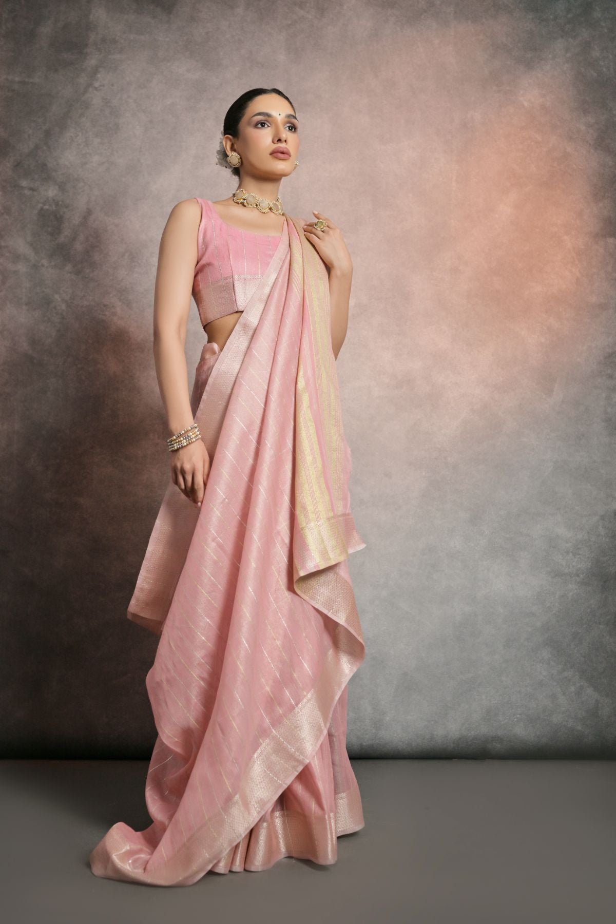 Eunry Pink Tissue Cotton Saree